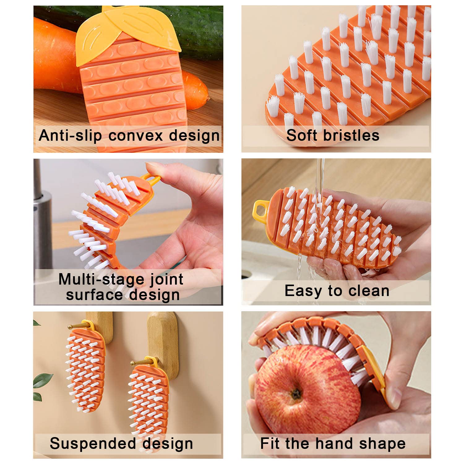 2 Pcs Vegetable Brush,Multiple Segments Are Bendable Fruit Vegetable Cleaning Brush For All Kinds Fruits Vegetables(Orange)