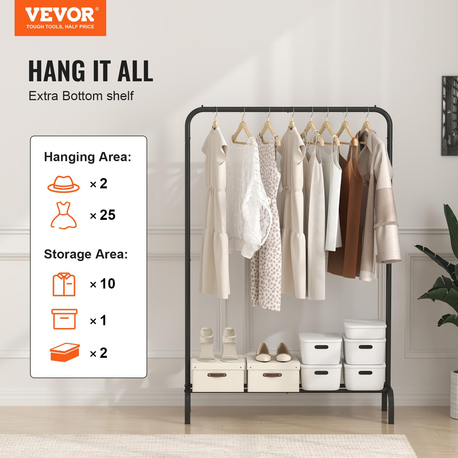 Vevor Clothes Rack, Heavy Duty Clothing Garment Rack With Hanging Rod And Bottom Storage Area, Clothing Rack For Bedroom Guest R
