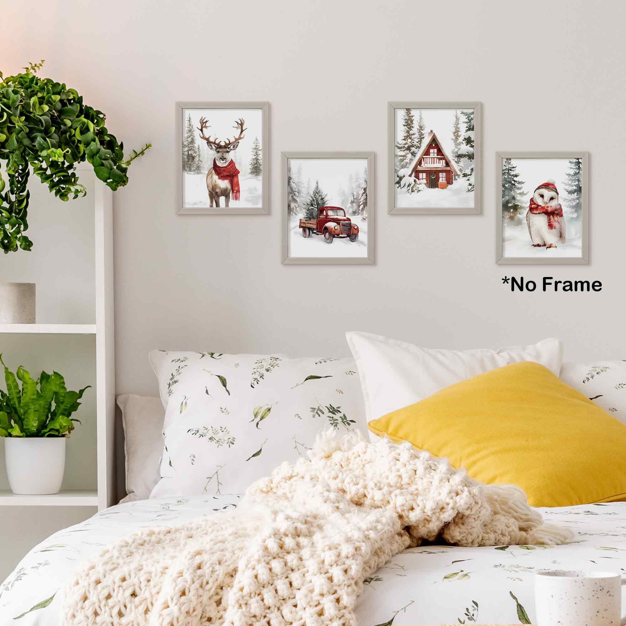 Tleske Winter Christmas Snowy Woodland Animals Posters Prints Unframed Set Of 4, Deer Reindeer Moose Owl With Red Scarf Wall Art