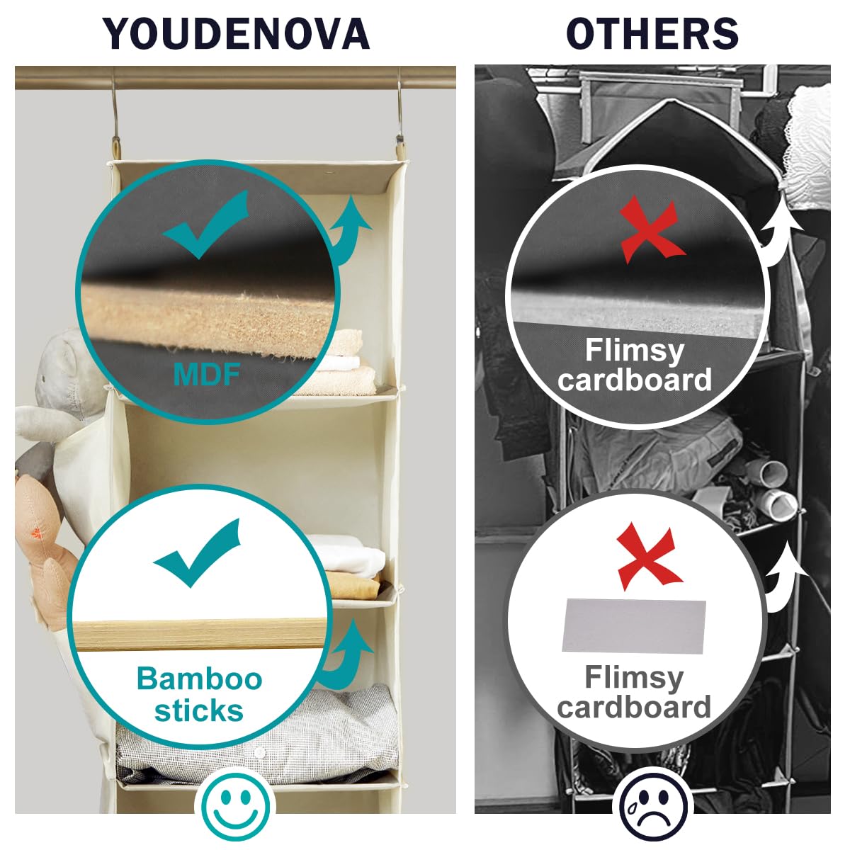 YOUDENOVA Hanging closet Organizer  6-Shelf closet Hanging Storage with Side Pockets  Beige
