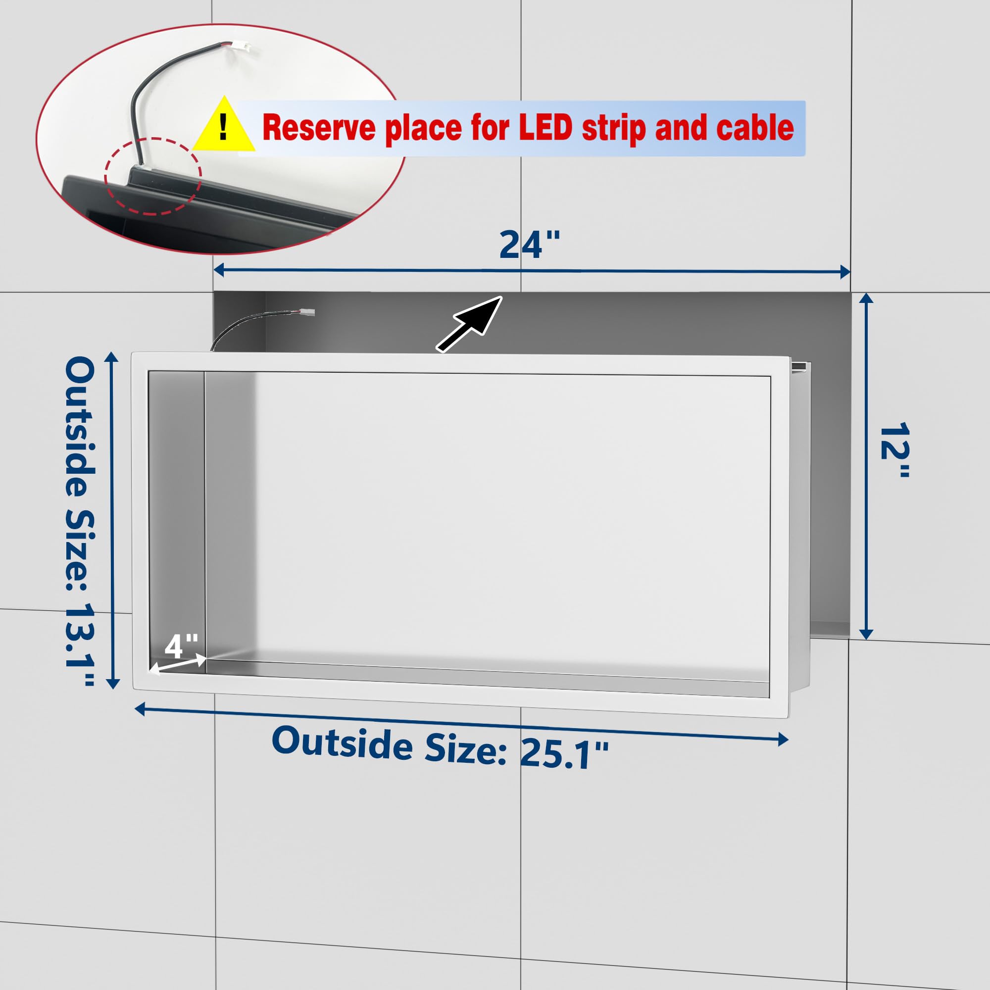 Neodrain Shower Niche, 24''X12'' Brushed Wall Niche, Stainless Steel Wall Niche With Non-Dimmable Led Light, No Tile Needed Rece