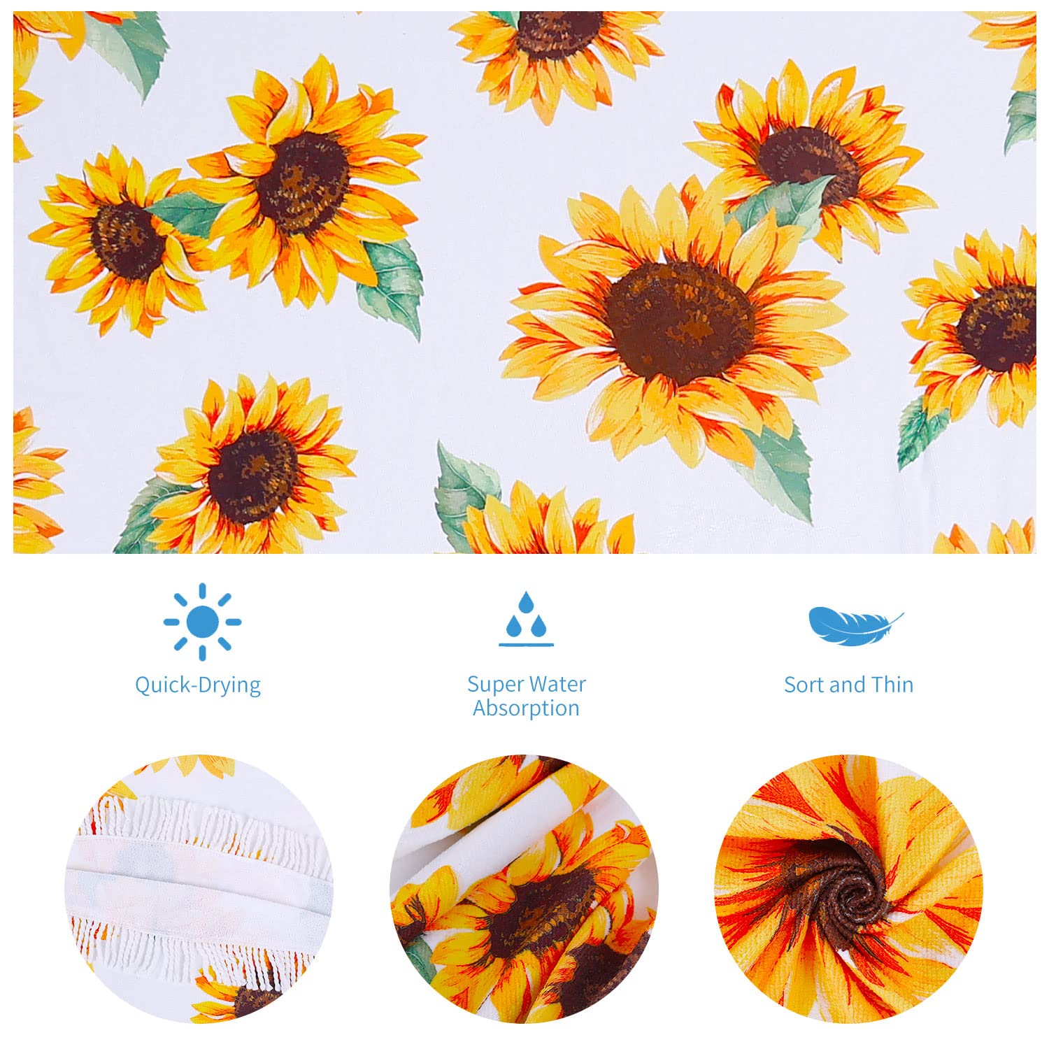 Oversized Floral Sunflower Round Beach Towel For Women, Microfiber Beach Blanket Quick Dry And Sand Proof Circle Towel, Soft Thi