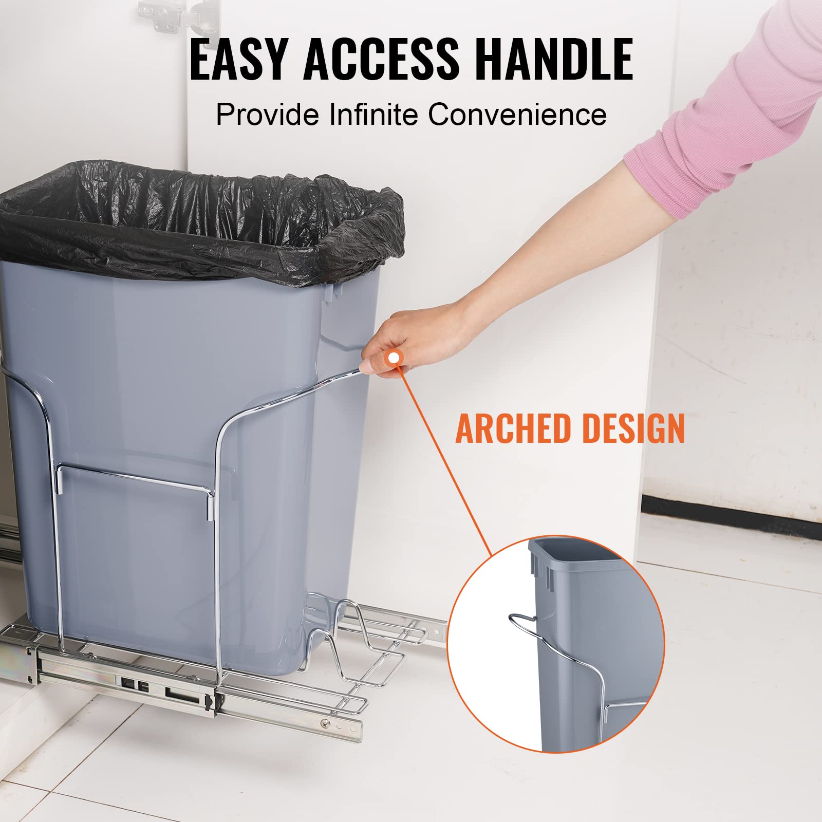 Vevor Pull-Out Trash Can, 29L Single Bin, Under Mount Kitchen Waste Container With Slide And Handle, 110 Lbs Load Capacity Heavy