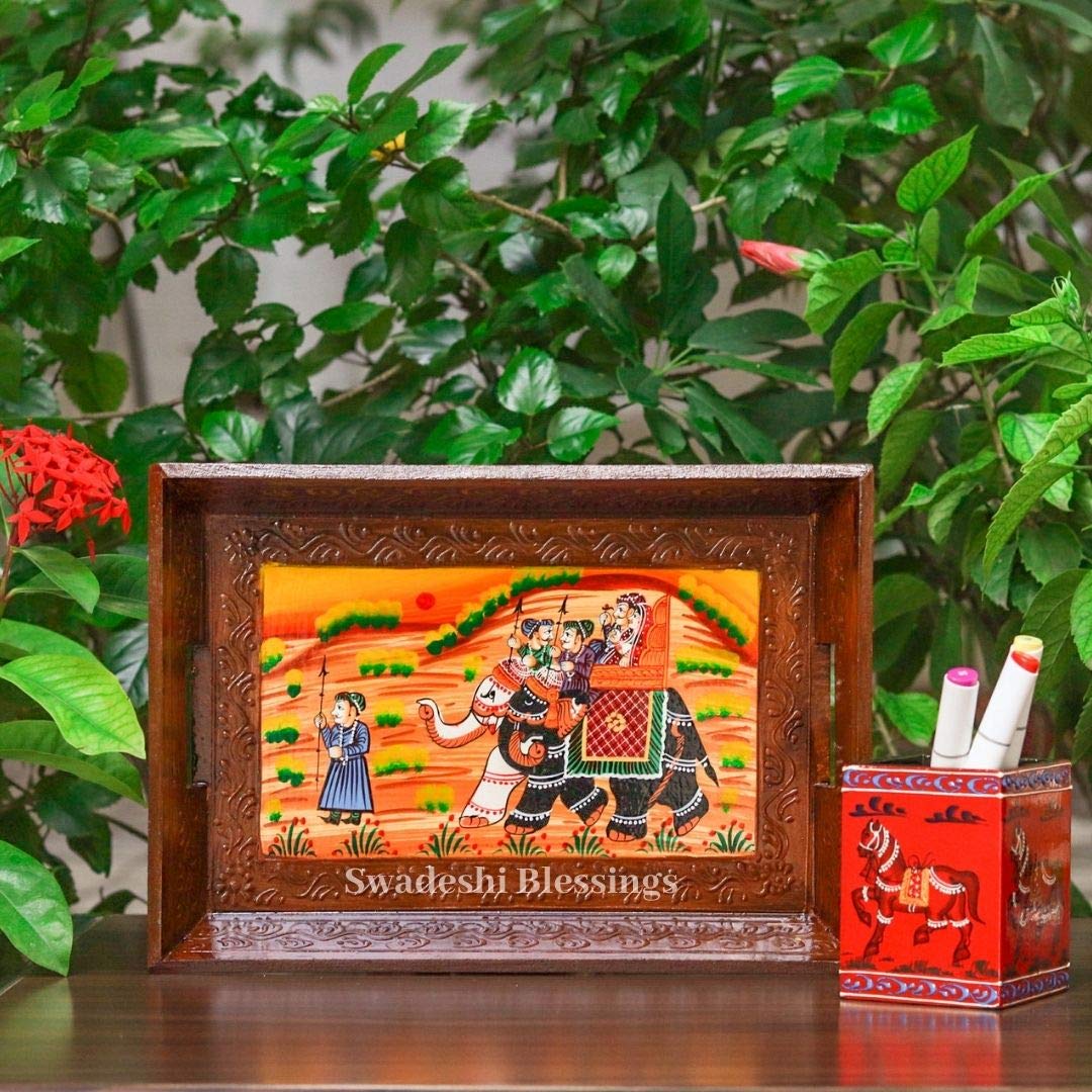 Swadeshi Blessings Wooden Serving Tray Set- Handcrafted & Hand-Painted For Kitchen/Table & Home Decor/Dinning/Gifts/Restaurants/