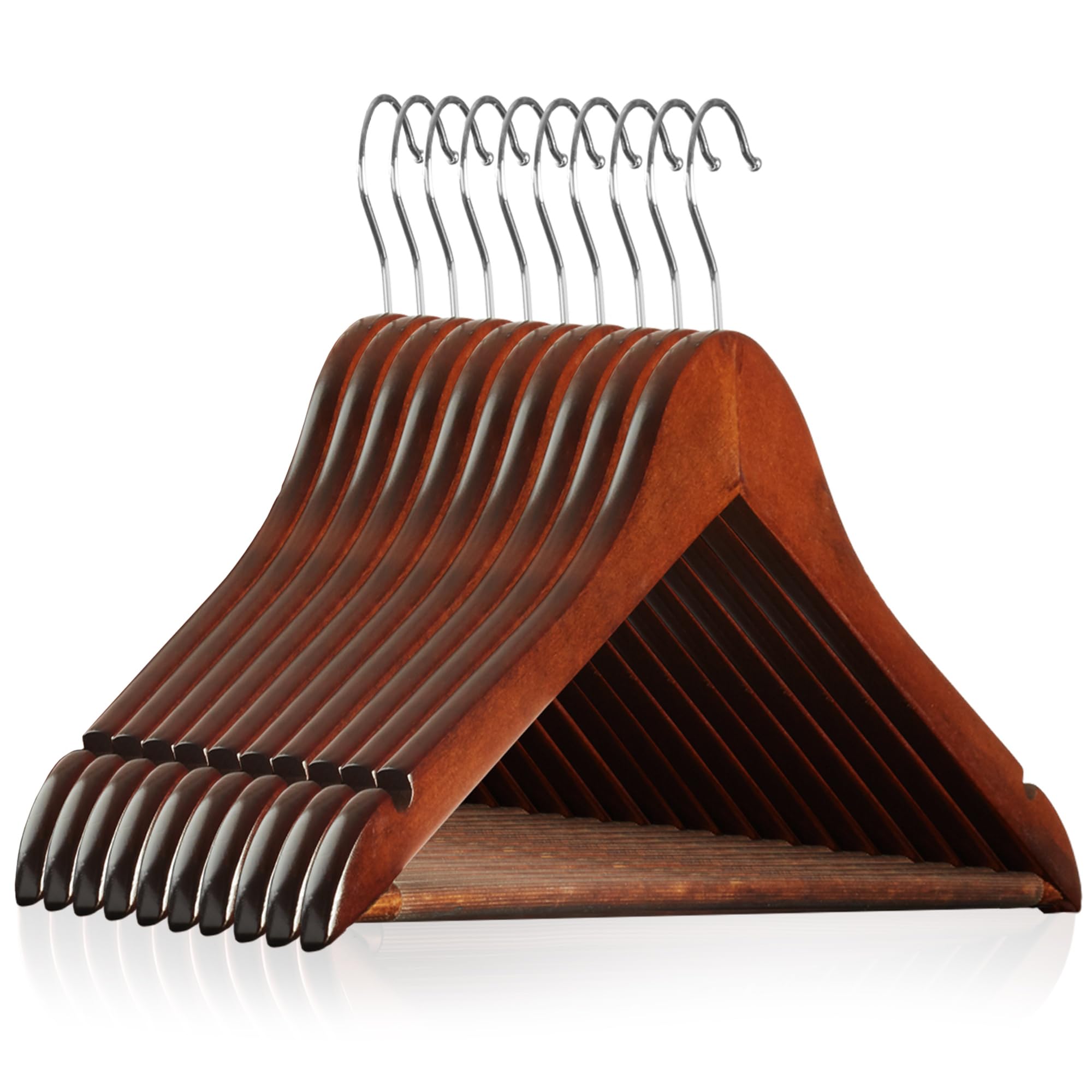 Casafield - 10 Walnut Wooden Suit Hangers - Premium Lotus Wood With Notches & Chrome Swivel Hook For Dress Clothes, Coats, Jacke