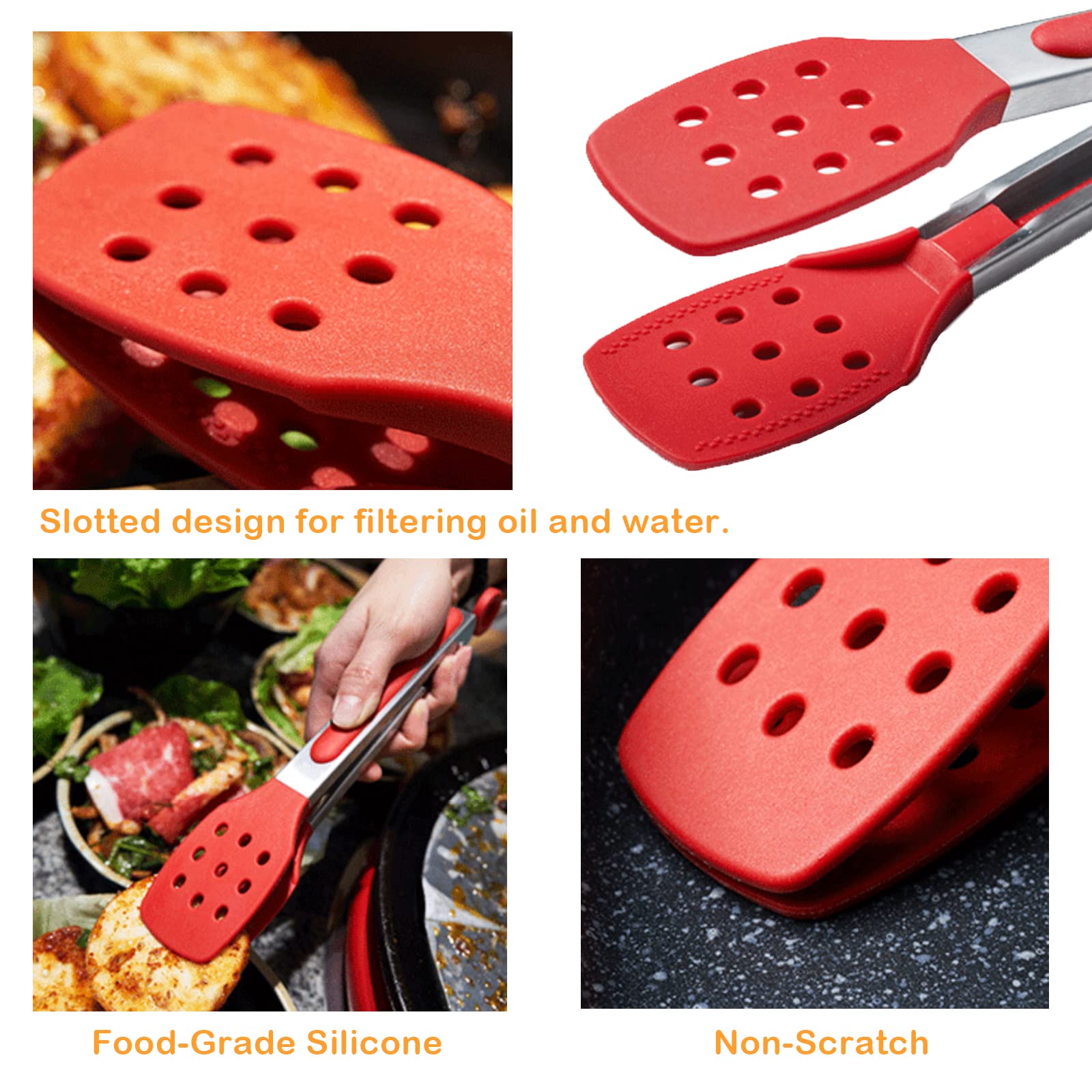 DAILY KISN 9 Inch Kitchen Tongs  Cooking Tongs with Slotted Silicone Tips and Stainless Steel Handle  Non Stick Heat Resistant Tongs for Cooking  Buffet  Salad Serving (9''  Red)