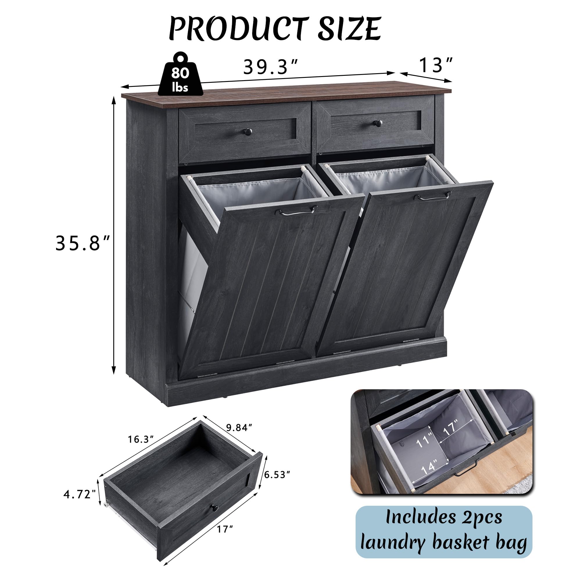 Ifbuy Double Tilt Out Laundry Hamper Cabinet, 20 Gallon Farmhouse Trash Can Cabinet With Drawer, Hidden Wood Garbage Can Bin Cab