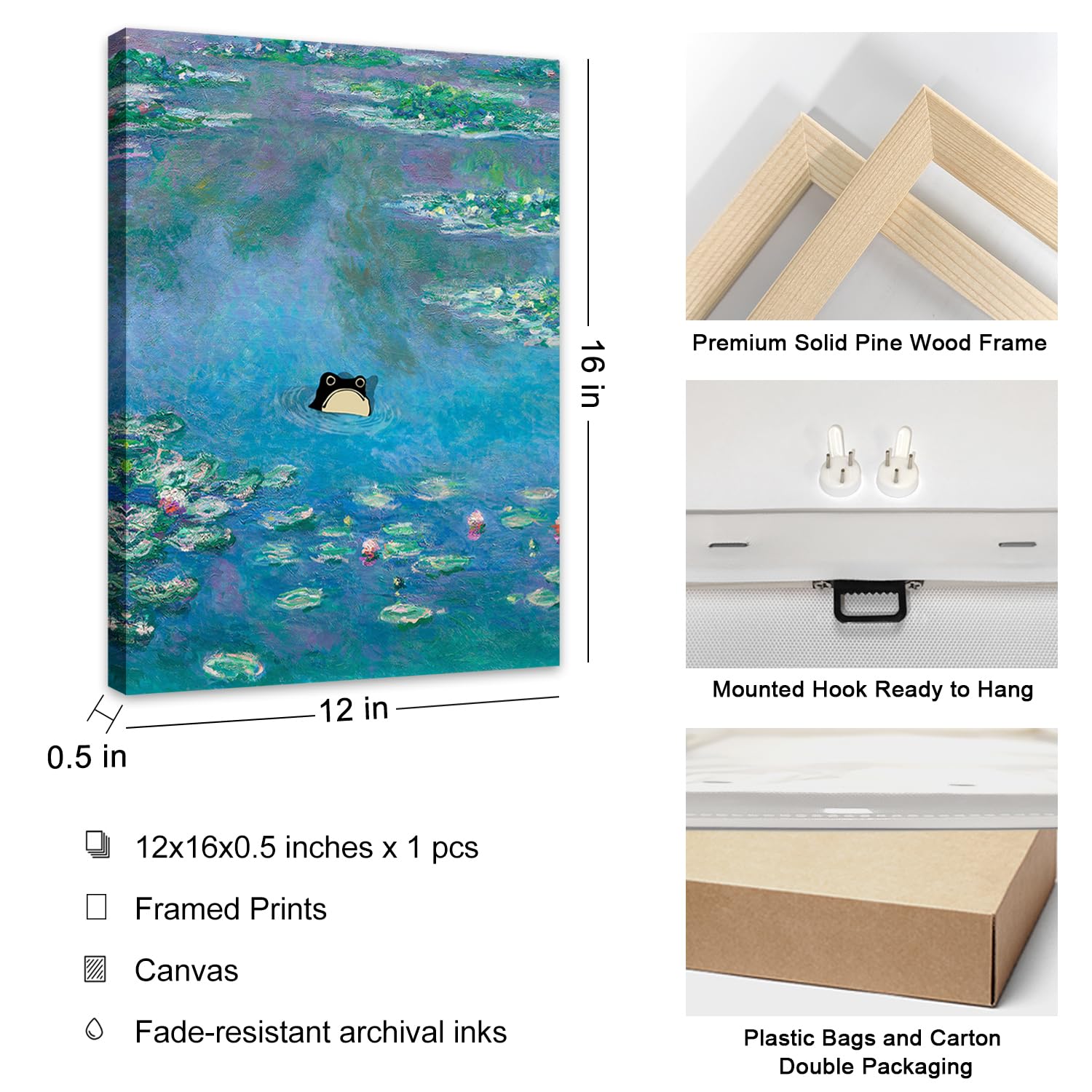 Roslynity Gallery Wall Art (Monet Waterlily Japanese Frog, 12''X16'' Framed)