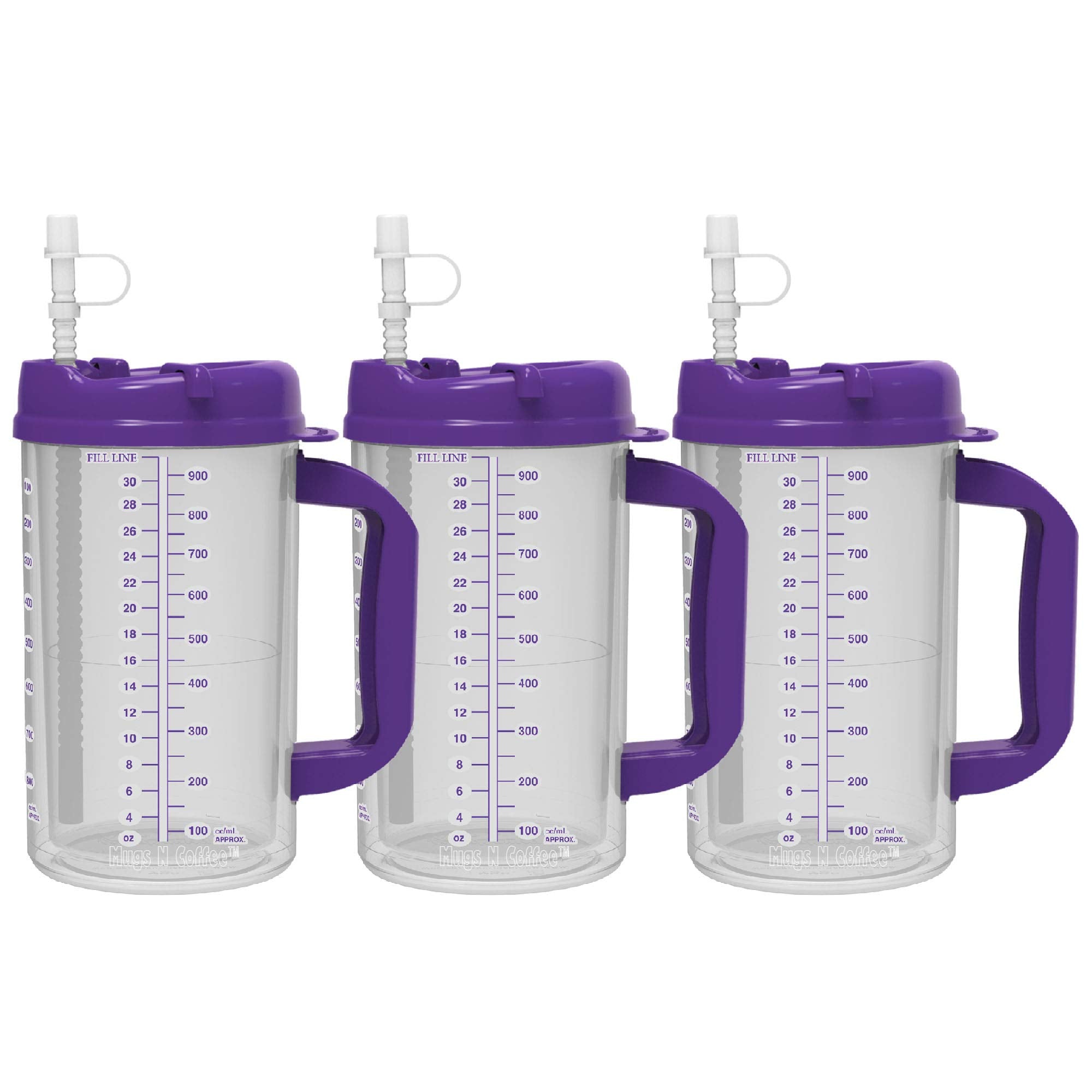 32 Oz Double Wall Insulated Hospital Mug - Cold Drink Mug - Large Carry Handle - Includes Straw (3, Purple)