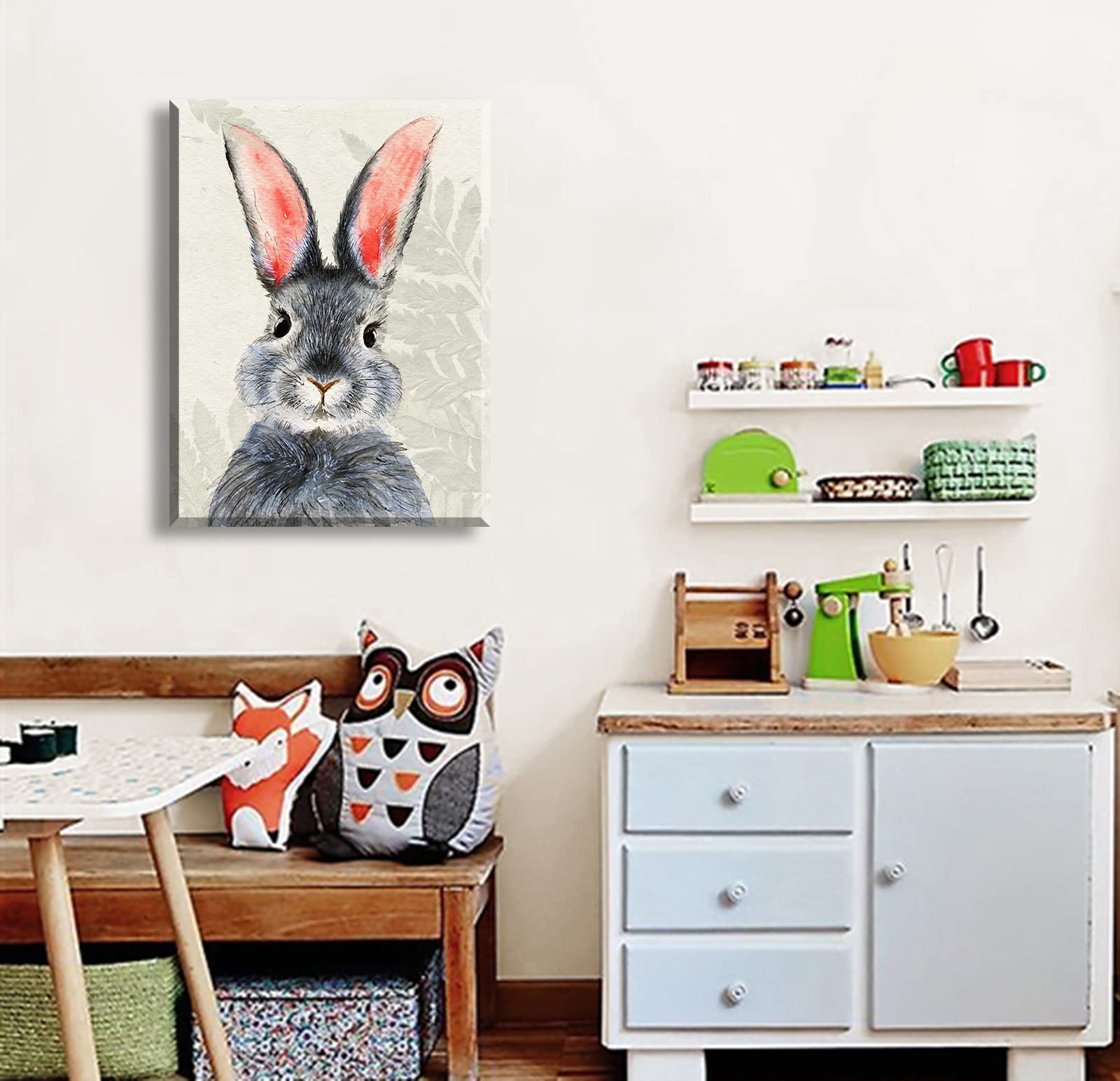 BLINFEIRU Kids Room Decor Bunny Decor Wall Art Blue Gray Cute Rabbit Poster Picture Canvas Print Girls Baby Wall Decorations 1 Panel Nursery Decor Artwork Framed Wall Art Ready to Hang 12'' Wx16 H