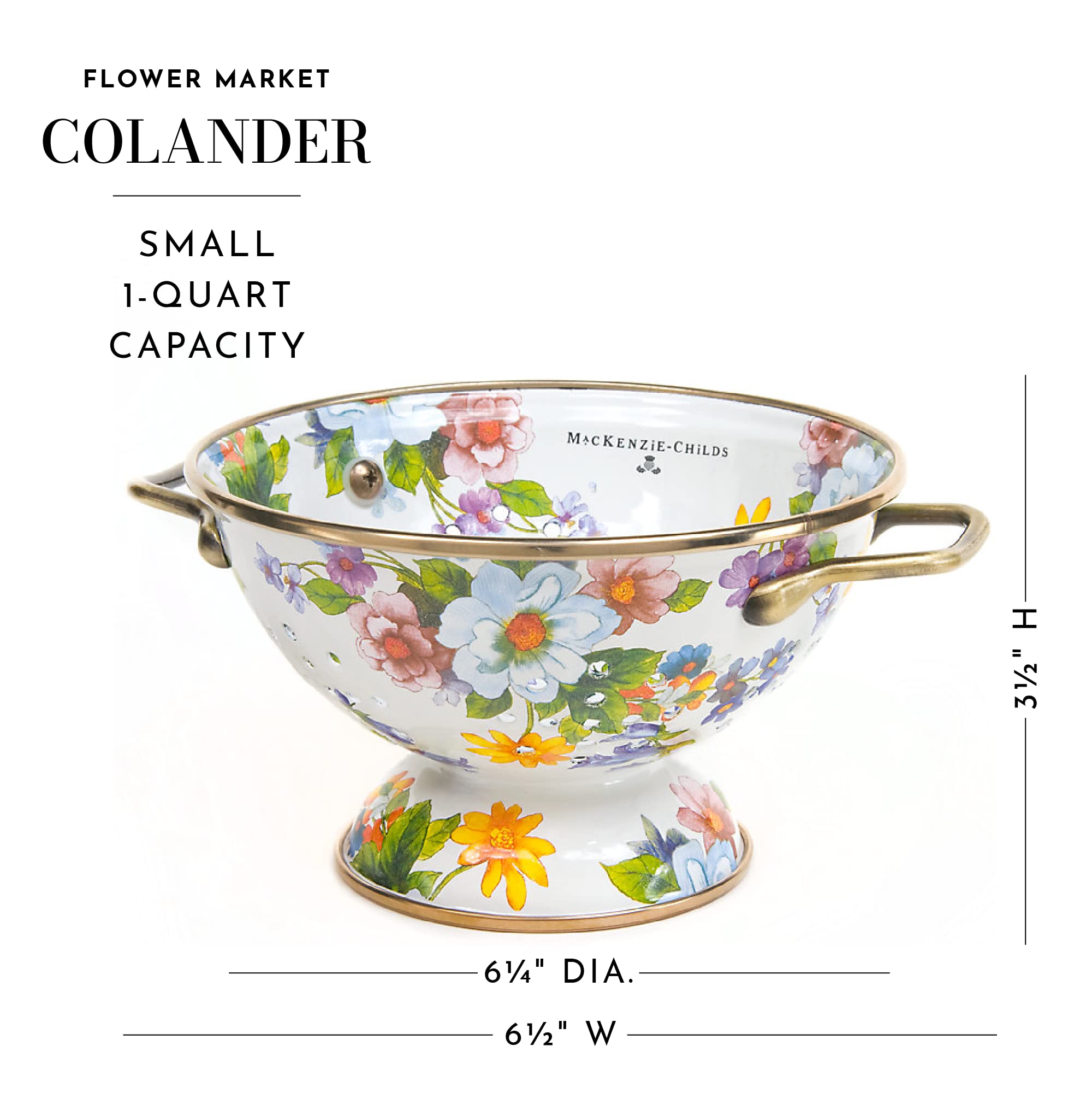 Mackenzie-Childs Enamel Colander, Decorative Kitchen Strainer, Cute Enamel Cookware, Small, White Flower Market