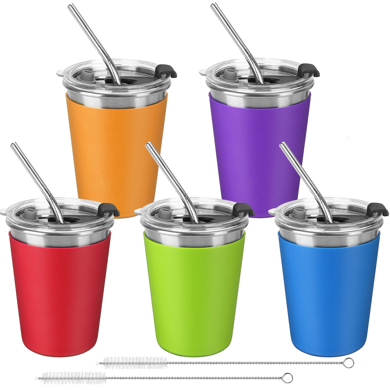 Shineme Stainless Steel Kids Cups, 5Pack With Spill Proof Lids, Straws & Silicone Sleeves, 12Oz, Bpa Free, Insulated, For Cold &