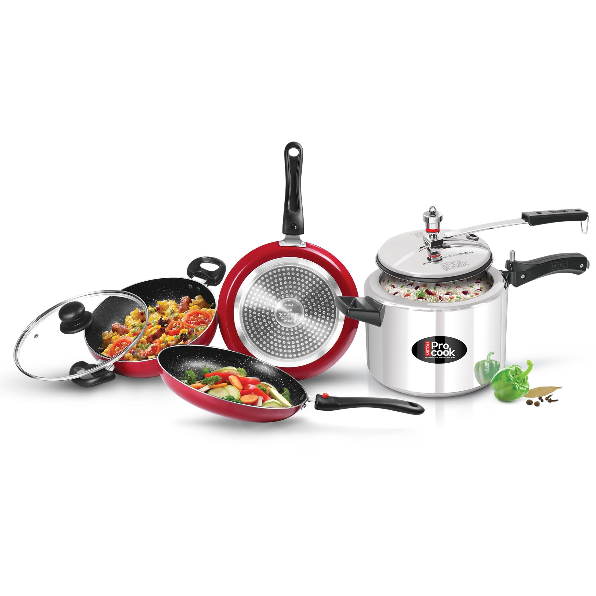Milton Pro Cook Kitchen Jewel Set Of 3 (Fry Pan, Kadhai With Lid, Tawa), Maroon & Aluminium Induction Pressure Cooker (5L) | Ind