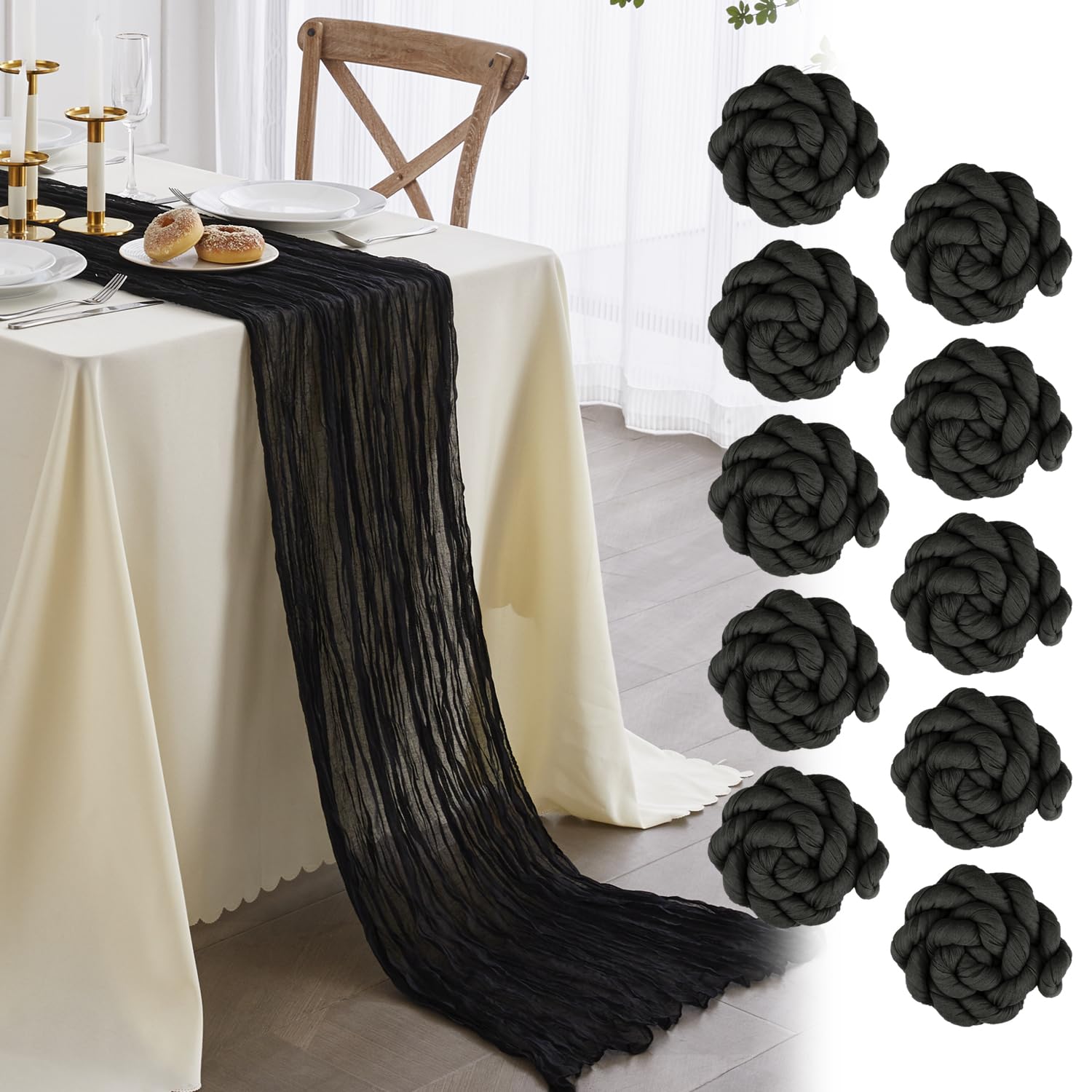 Nialnant 10 Pack Black Table Runners,35 X 160 Inch Cheese Cloth Table Runner For New Year Party,Birthday Party,Wedding Decor Arc