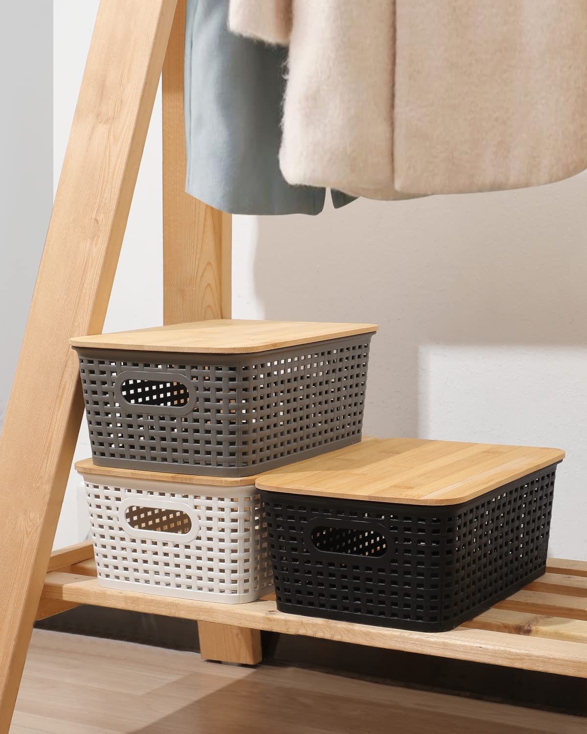 Areyzin Storage Bins With Bamboo Lids Set Of 6 Lidded Storage Container Plastic Baskets Organizer Bins For Organizing Kithen Roo