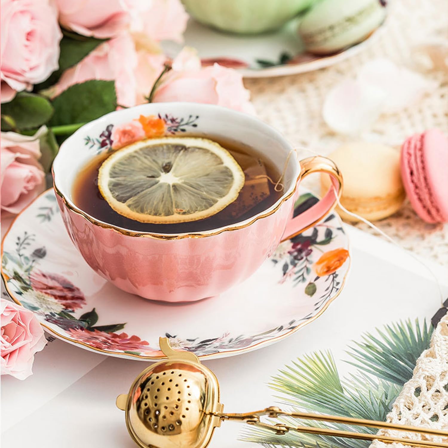 Oneustar Tea Cup And Saucer Set For 2 Porcelain Enghlish Tea Cup Floral Teacups Coffee Cup Latte Cup Mugs For Mother 'S Day Birt