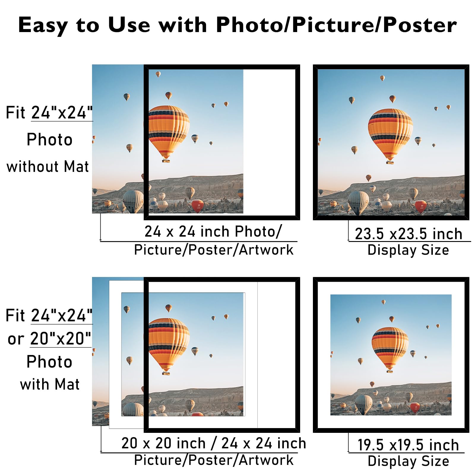 JCJMY 24x24 Picture Frame Black with 20x20 Mat, Display Photo 20x20 with Mat or 24 x 24 Without Mat, Wall Hanging Large 24x24 Po