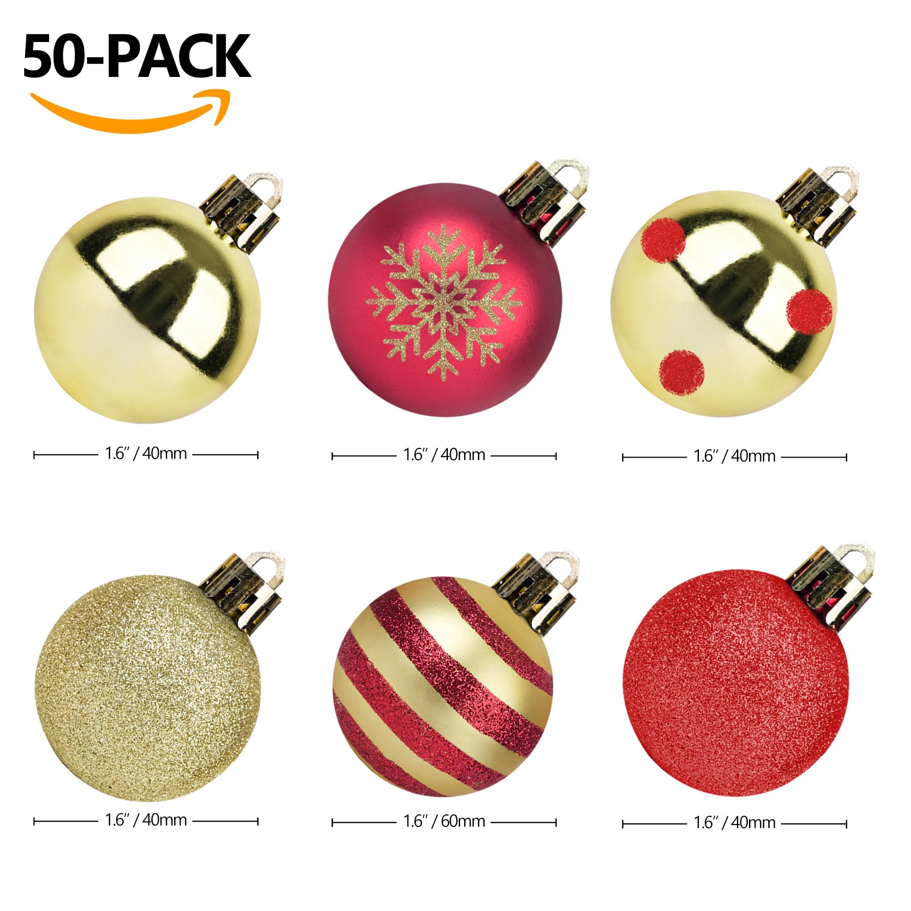 50pcs Christmas Balls 4cm / 1.6 Christmas Tree Hanging Ornaments Xmas Ball Decoration for Xmas Tree Wreath Garland, Red and Gold