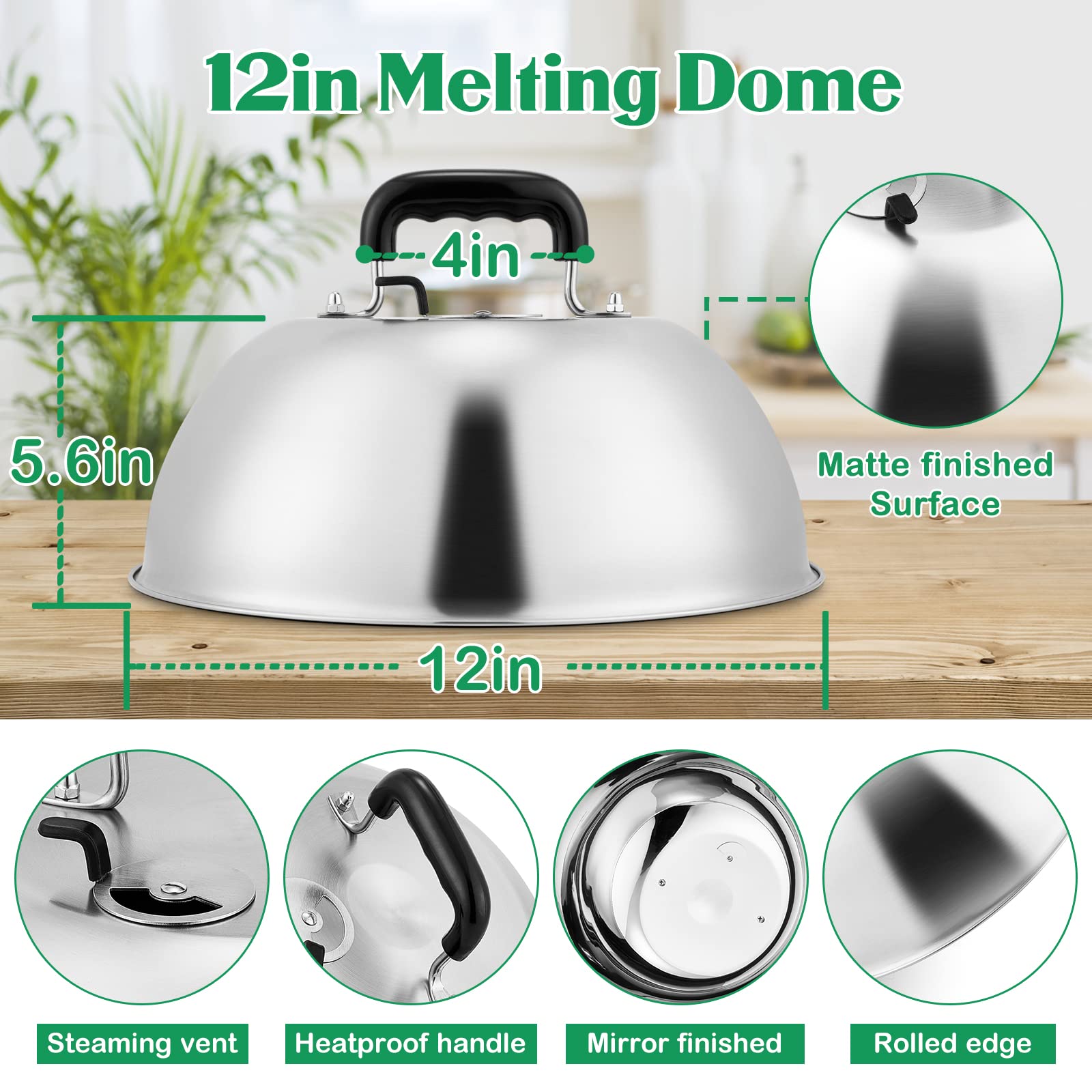 12In Cheese Melting Dome, Hasteel Heavy Duty Basting Cover With Adjustable Vent, Stainless Steel Round Steaming Cover Lid For Fl