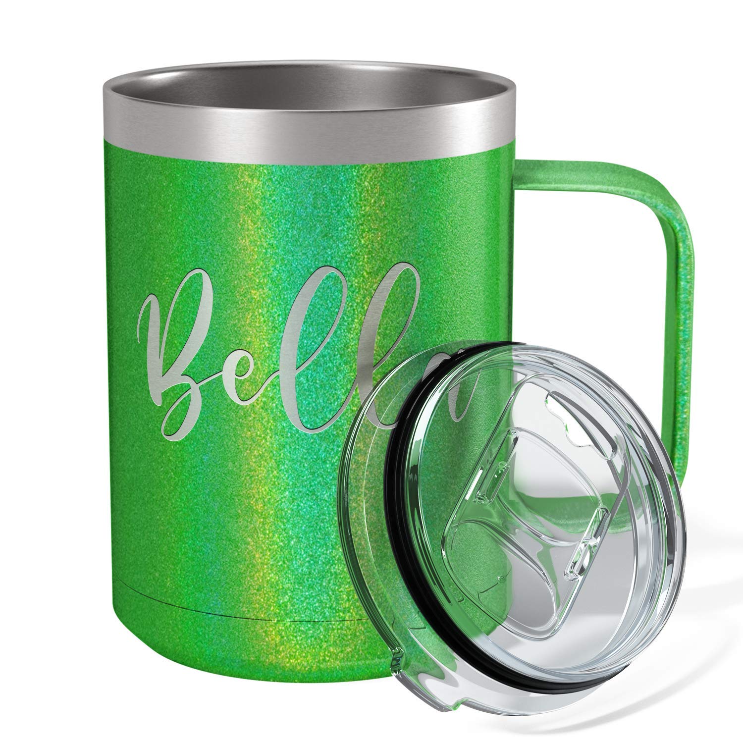 Personalized Coffee Mug Emerald Green Glitter 15 Oz With Lid And Handle Custom Engraved Gift Stainless Steel Vacuum Insulated Cu
