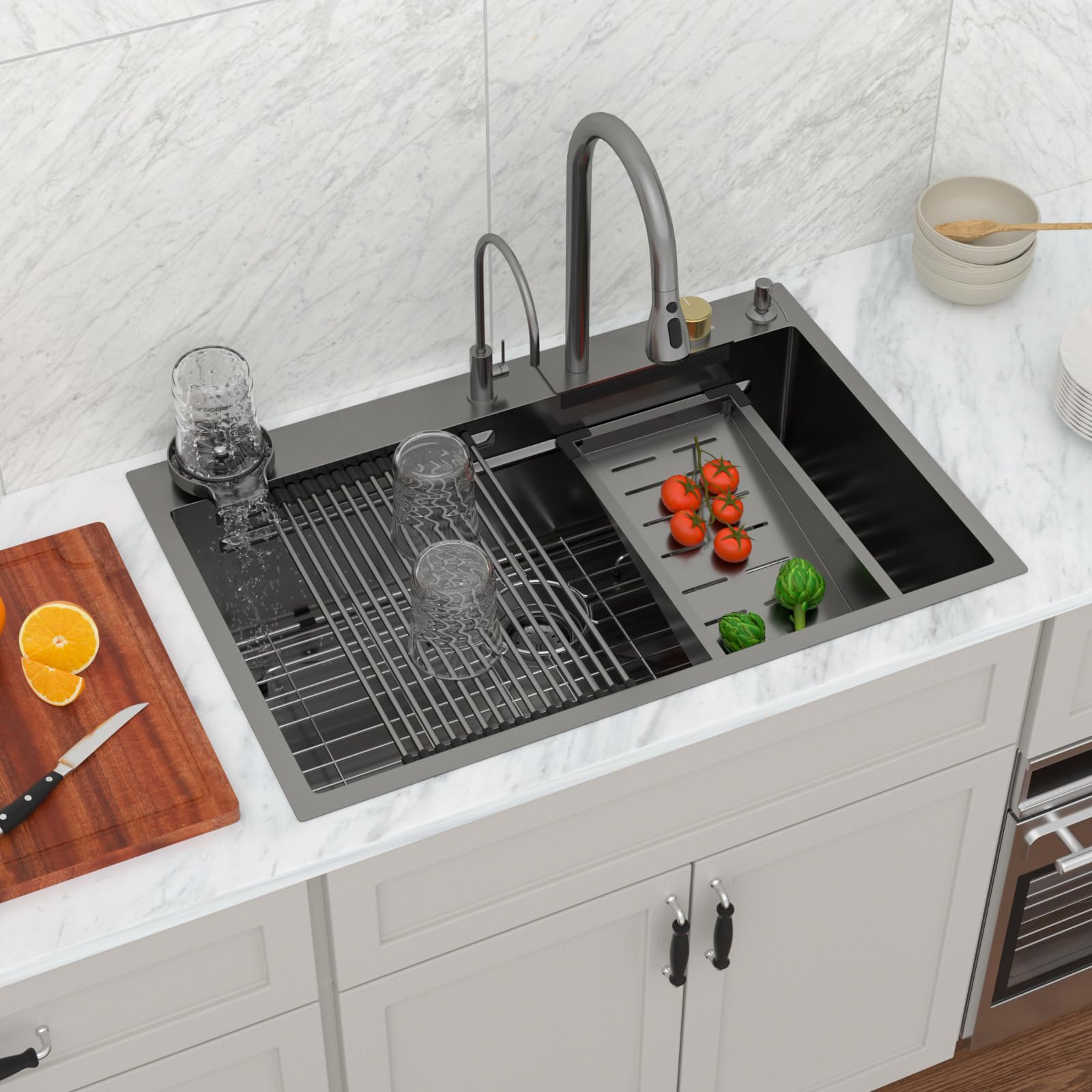 Logmey 33 Drop In Kitchen Sink Waterfall Black Nano Coating 33X22 Inch 16 Gauge Stainless Steel Kitchen Sinks Single Bowl Workst