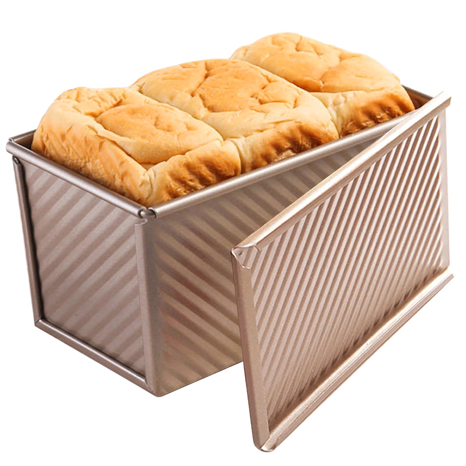 Pullman Loaf Pan With Lid, Non-Stick Bakeware Golden Corrugated Carbon Steel Bread Toast Box Mold With Cover For Baking Bread, 1