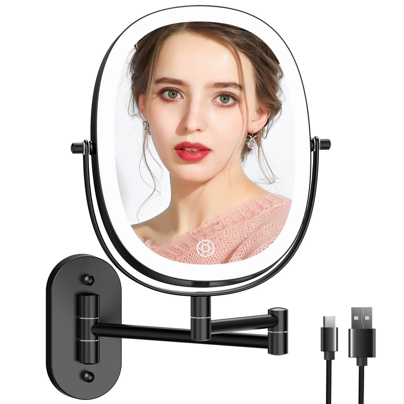Funtouch Rechargeable Wall Mounted Lighted Makeup Vanity Mirror, Double Sided 1X/7X Magnification, 3 Dimmable Light Settings, Ex