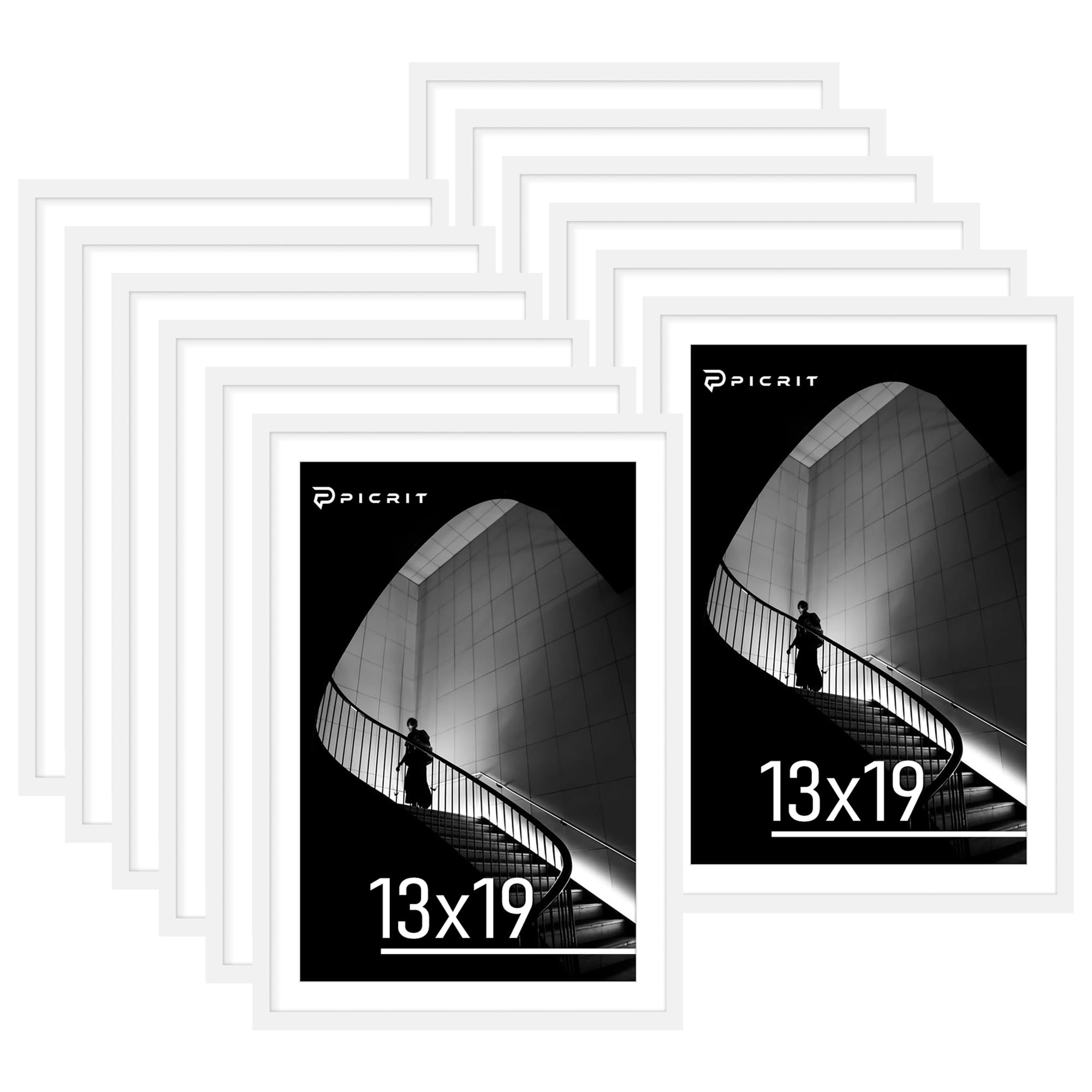 Picrit 13X19 Poster Frame Set Of 12, Display Pictures 11 X 17 With Mat Or 13 X 19 Without Mat, White Wall Gallery Photo Frames D