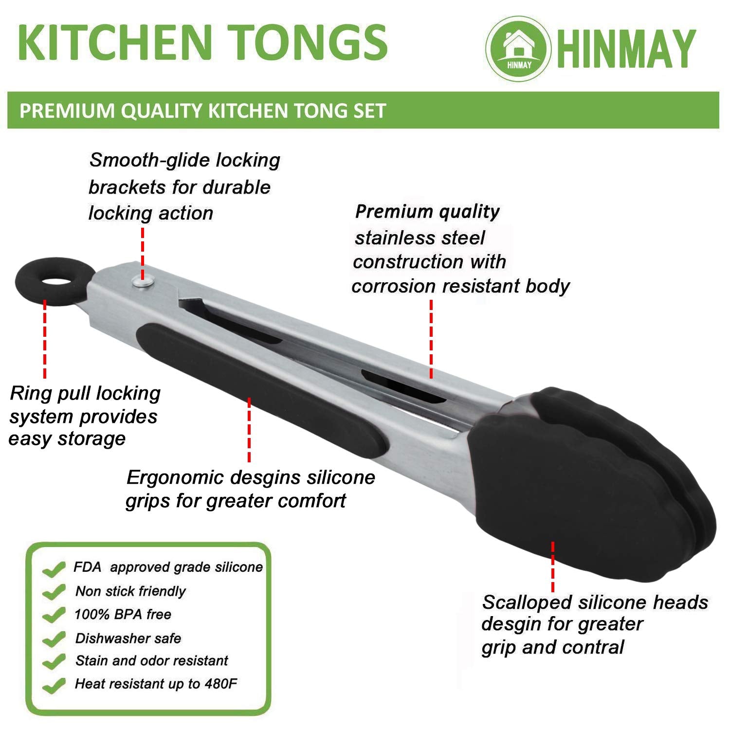 Hinmay Small Serving Tongs With Silicone Tips 7 Inch Mini Stainless Steel Food Tongs, Set Of 3 (Black)