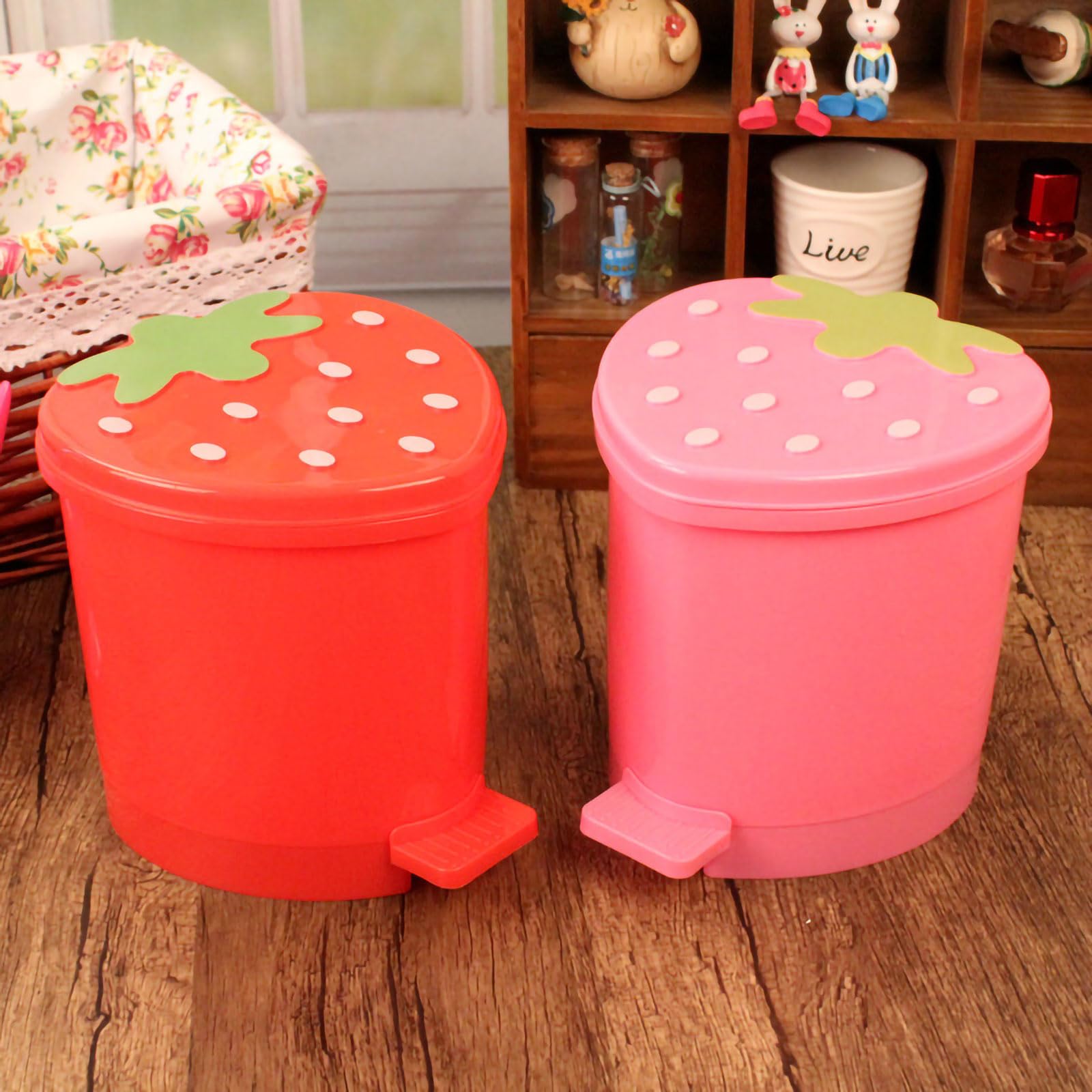 Bxuxjar Strawberry Trash Can, 1 Gallon Cute Trash Can Plastic Desk Kawaii Room Decor For Bedroom, Small Pink Trash Can With 0.3