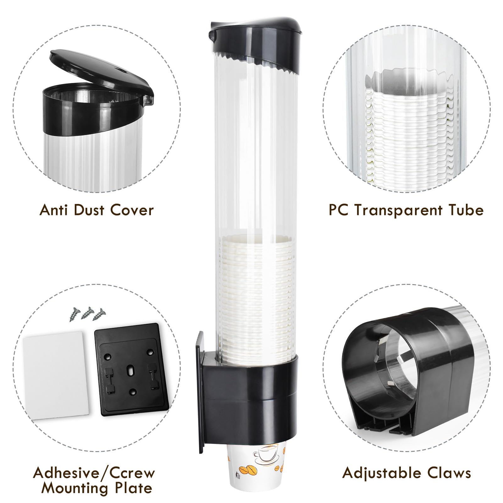 Lbting Cup Dispenser, Water Cooler Pull Type Cup Holder Fits 5Oz - 7Oz Cone Or Flat Bottom Cups, Paste Or Screw Plate Wall Mount