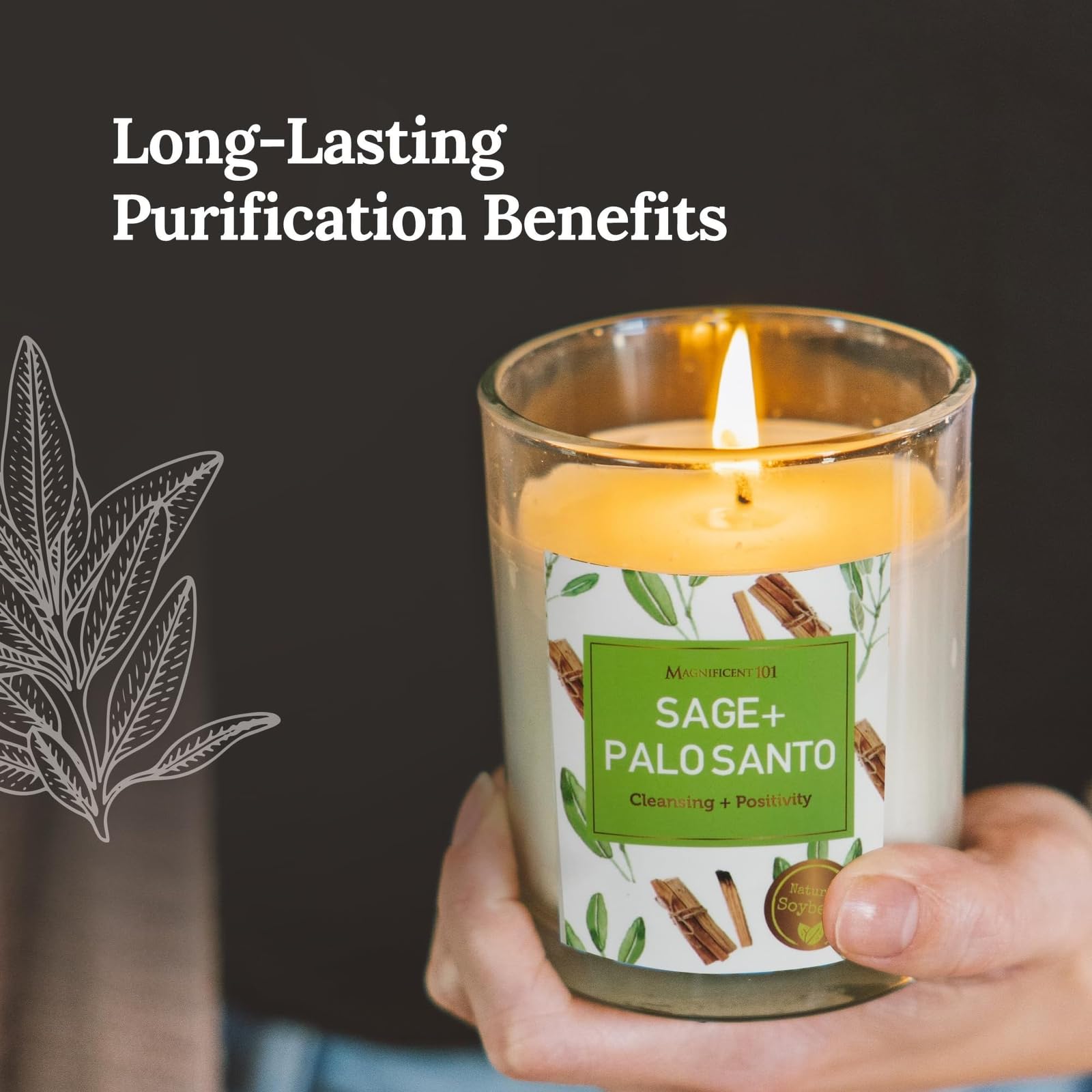 Magnificent 101 Set of 3 Long Lasting Pure Sage + Palo Santo Candles  3.5 Oz Each - 42 Hour Burn  All Natural, Organic Soy & Par