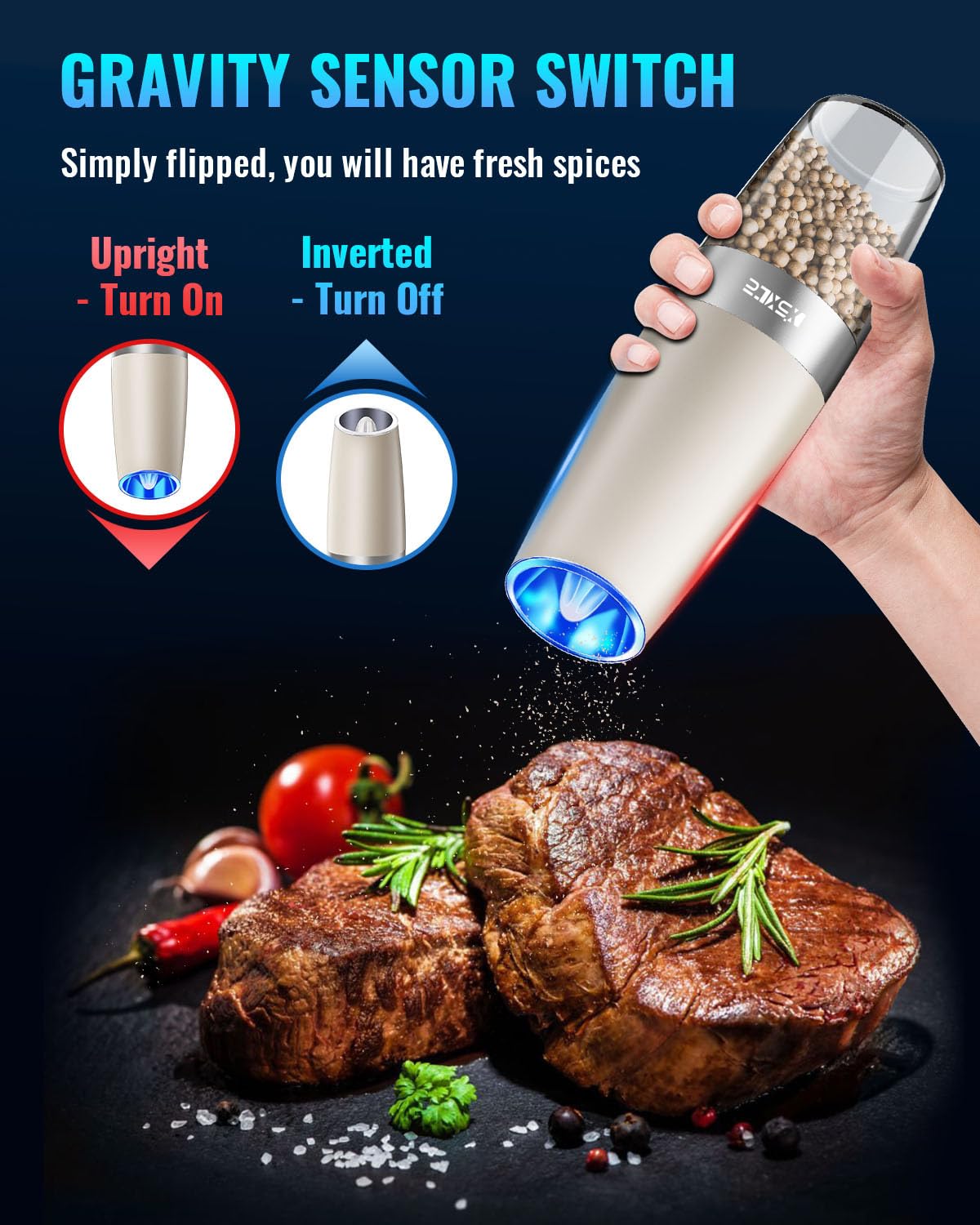 XinXu Gravity Electric Pepper and Salt Grinder Set, Adjustable Coarseness, with LED Light, One Hand Automatic Operation (Set/Kha