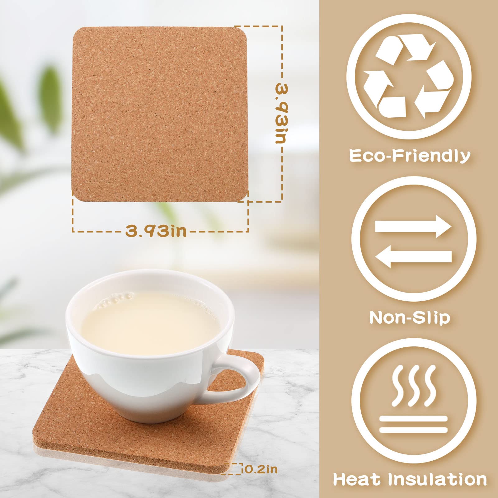 Square Cork Trivets 4 X 4 X 0.2 Inch Cork Coasters For Drinks Absorbent Cork Plant Coasters Pot Trivets Natural Bar Coasters Kit