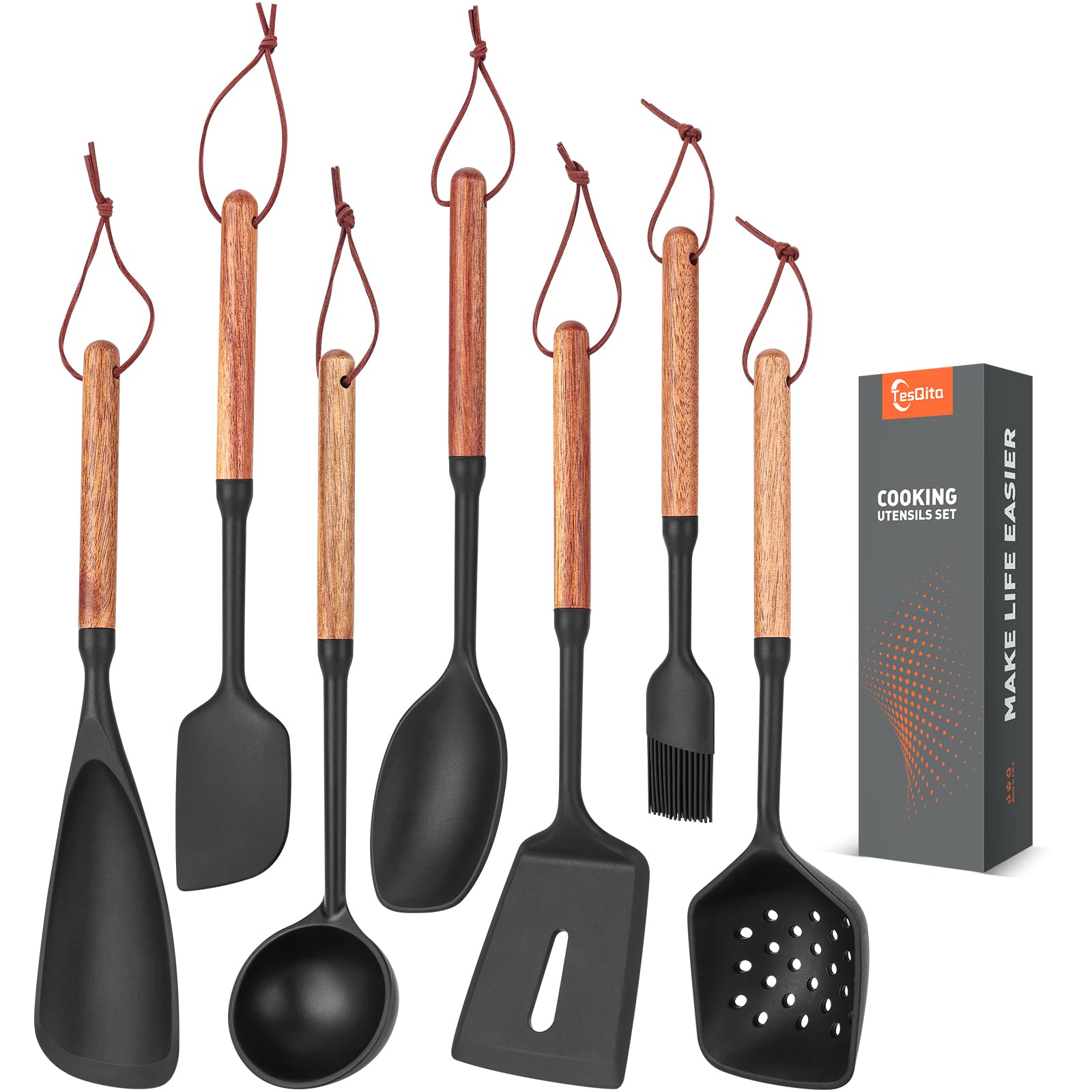TesQita Silicone Cooking Utensils Set of 7, Wooden Handle (Black)