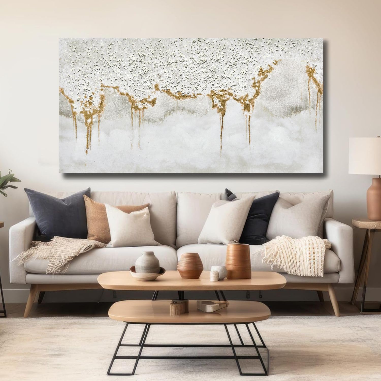 Train2 Art Textured Abstract Glitter Artwork Canvas Wall Art, White Acrylic Painting And Gold Foil Oil Painting Wall Art On Canv