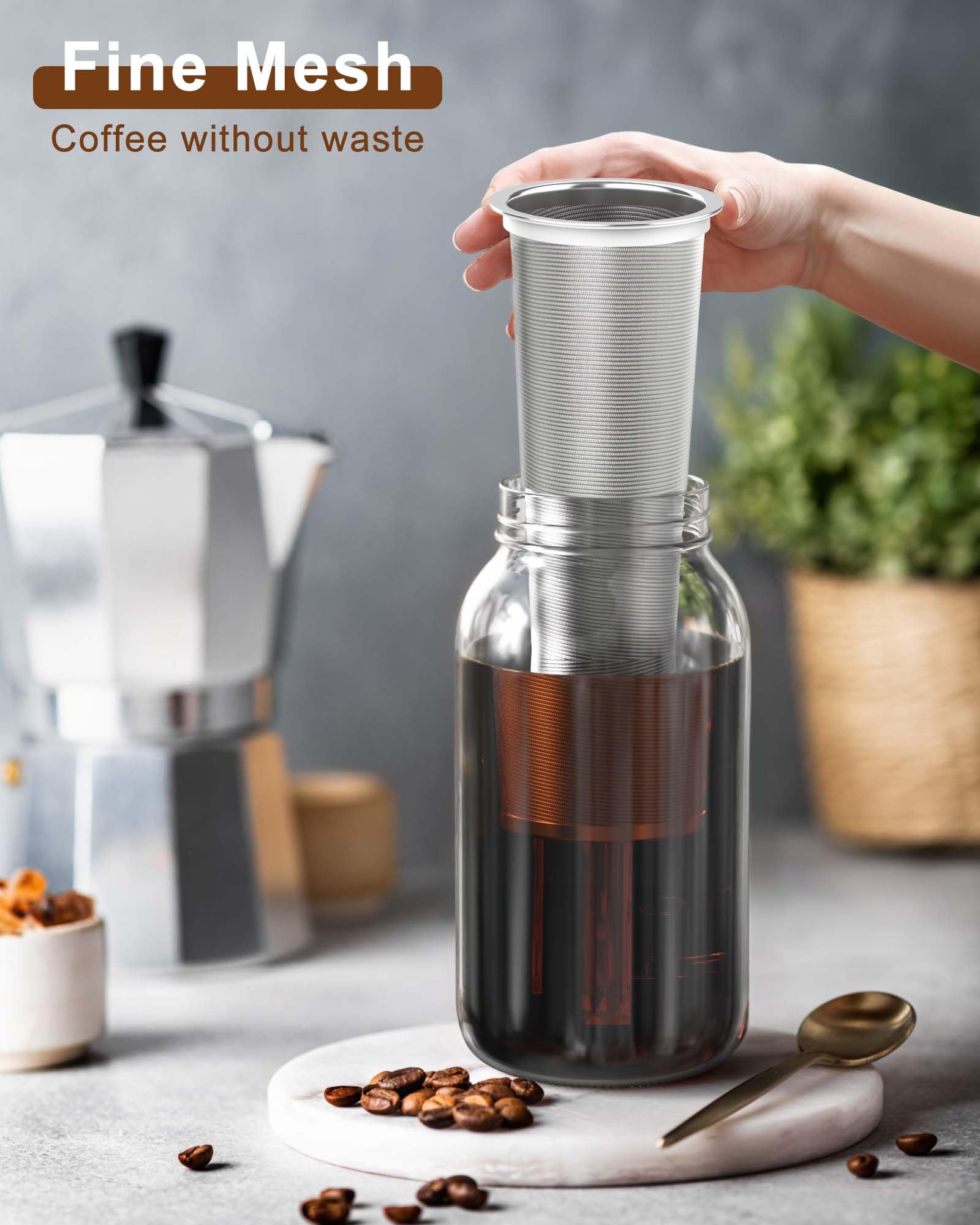 Va1Kene Cold Brew Coffee Filter For 64Oz Glass Mason Jar Pitcher - Fine Mesh, Reusable 304 Stainless Steel Filter With Sealing R