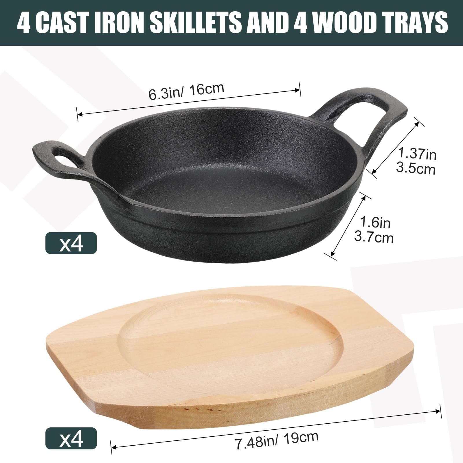 Sliner 4 Sets Mini Cast Iron Skillet Mini Cast Iron Sizzler Plates Skillet With Wooden Base Small Round Cast Iron Pan Fajita Cas