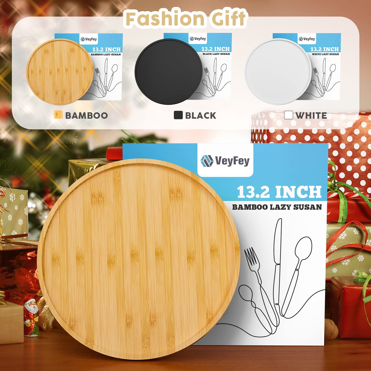 Lazy Susan Organizer, 13.2 Inch Non-Skid Bamboo Lazy Susan For Kitchen Table Cabinets Closets And Kitchen Islands, Wood Turntabl