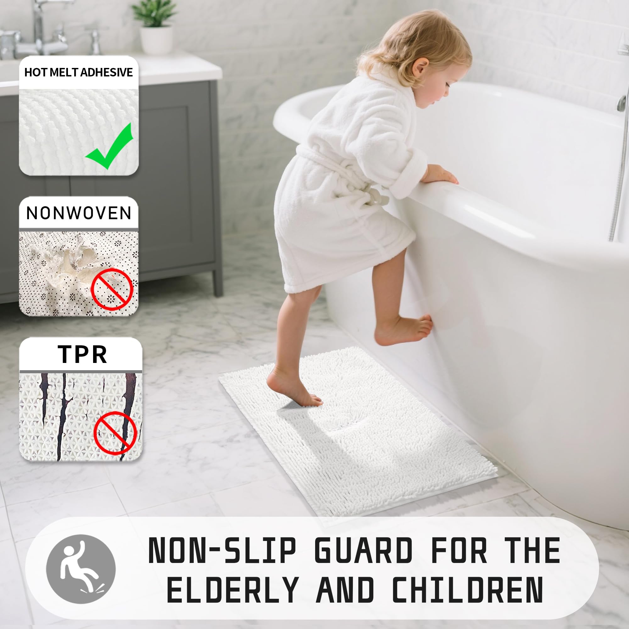Yimobra Chenille Bathroom Rug  Extra Soft Shaggy Bath Rugs  Non-Slip Bathroom Floor Mat  Water Absorbent  Thick Durable  Machine Washable  Plush Microfiber Rugs for Shower Bathtubs  24x17 Bright White