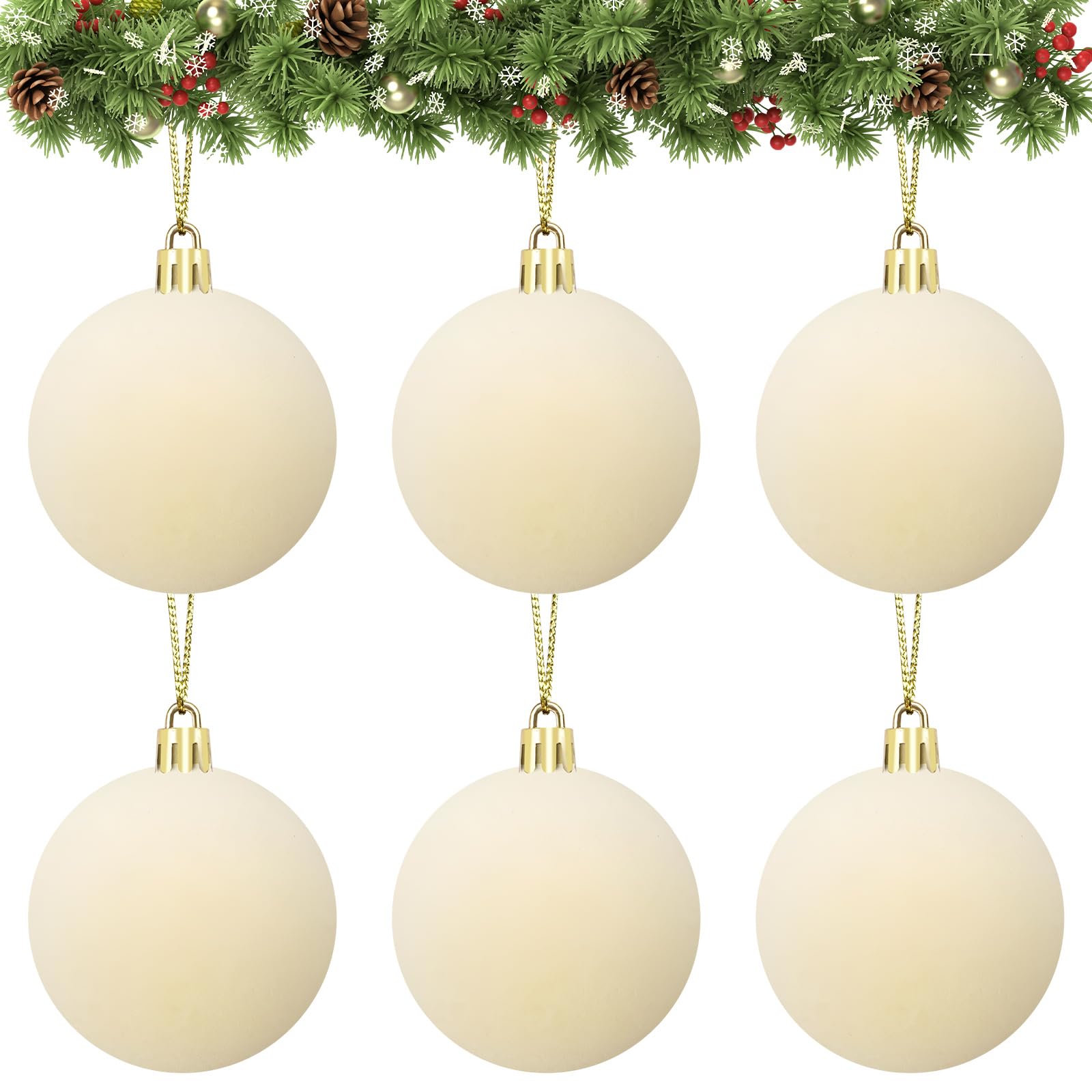Rokkibom Velvet Cream Ball Ornaments 6 PCS 2.37-Inch Xmas Tree Decor for Christmas, Baby Shower, Party