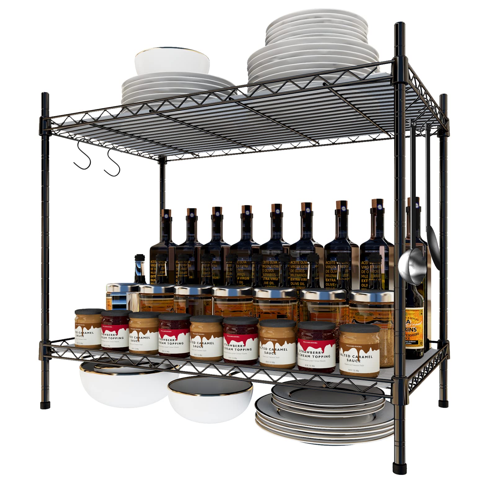 Spice Rack Organizer, Carbon Steel Seasoning Rack 2-Tier Spice Organizer for Cabinet, Adjustable Kitchen Countertop Organizer wi