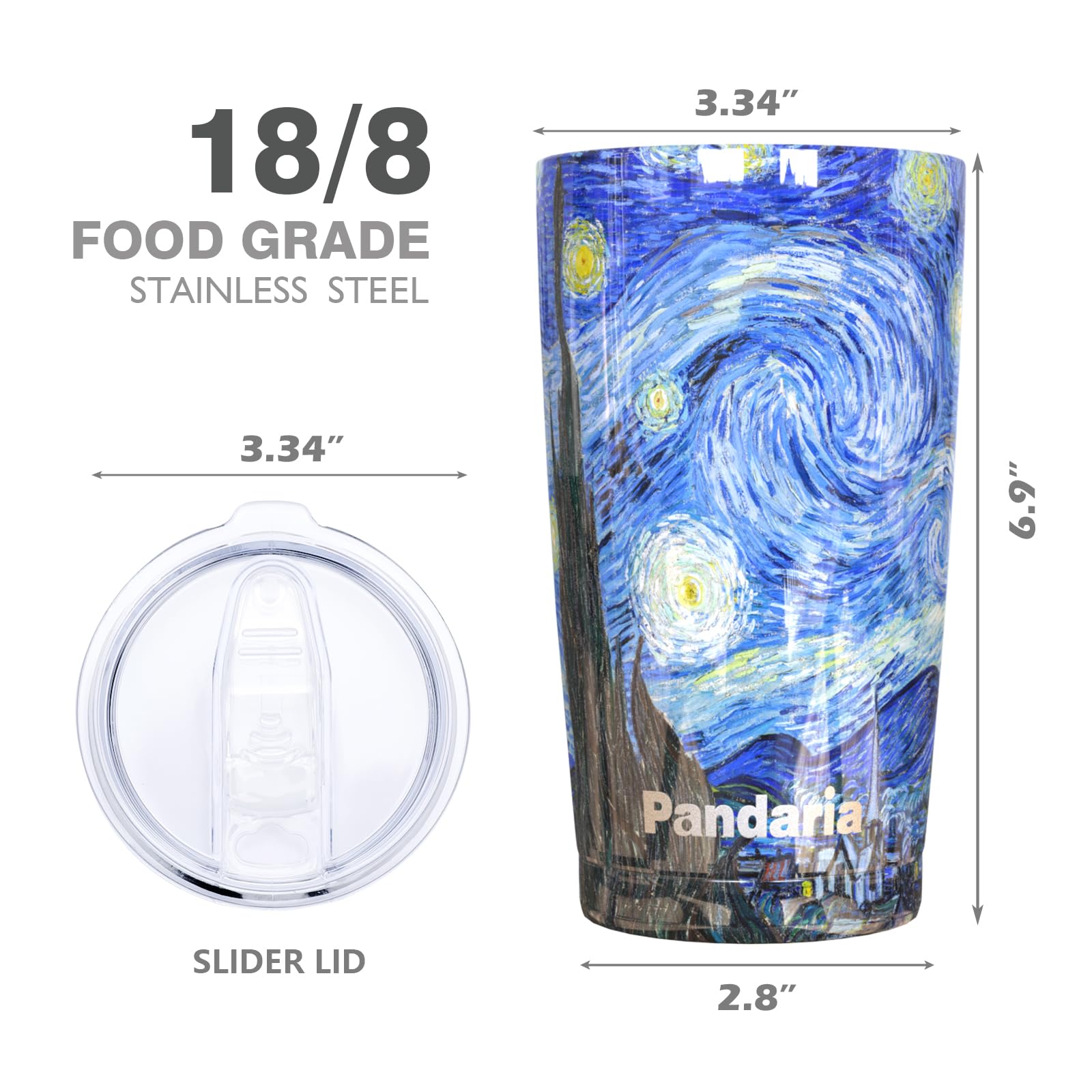Pandaria 20 Oz Stainless Steel Vacuum Insulated Tumbler With Lid - Double Wall Travel Mug Water Coffee Cup For Ice Drink & Hot B