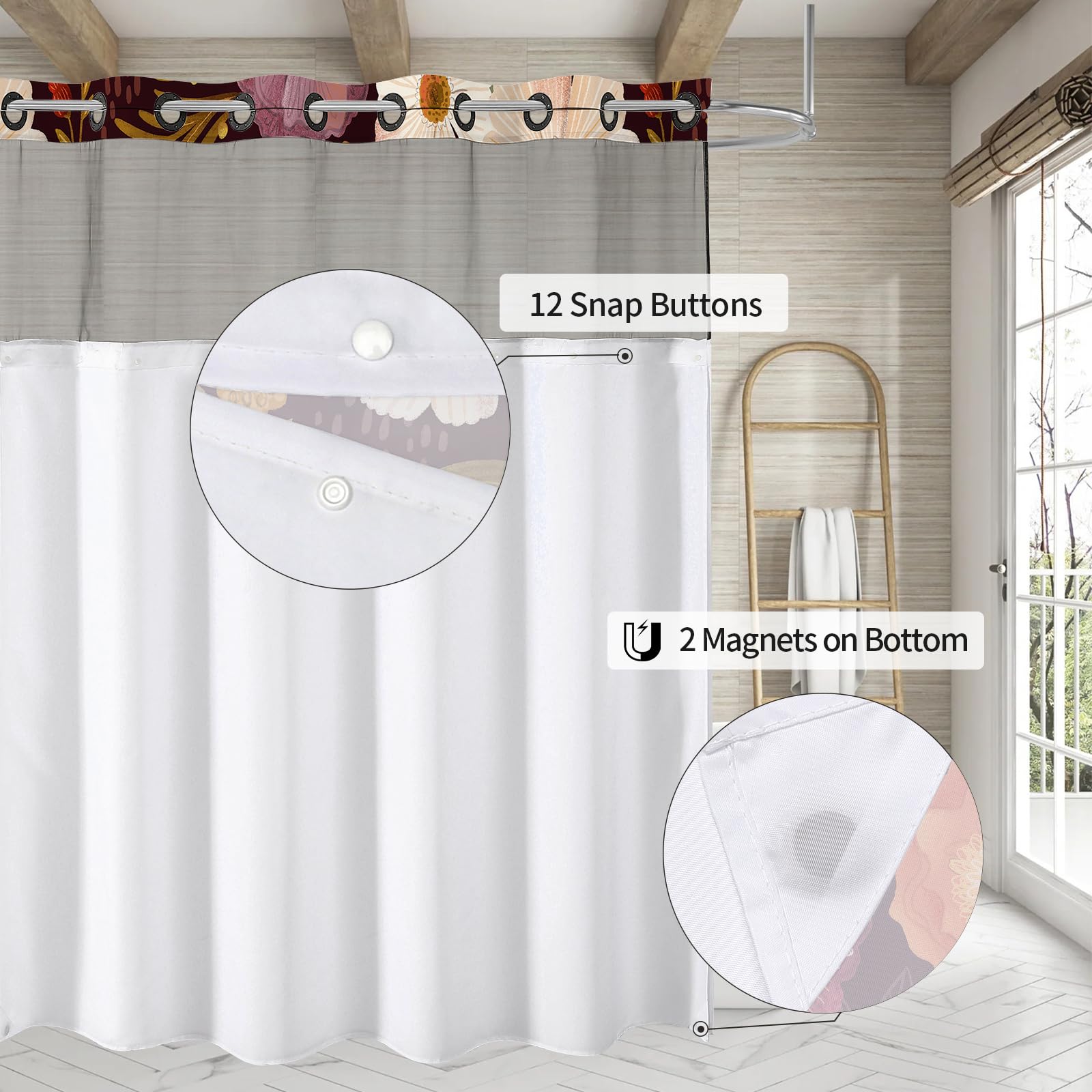 Mitovilla No Hooks Needed Boho Floral Shower Curtain Set With Snap-In Liner, Abstract Luxury Flower Fabric Cloth Shower Curtain