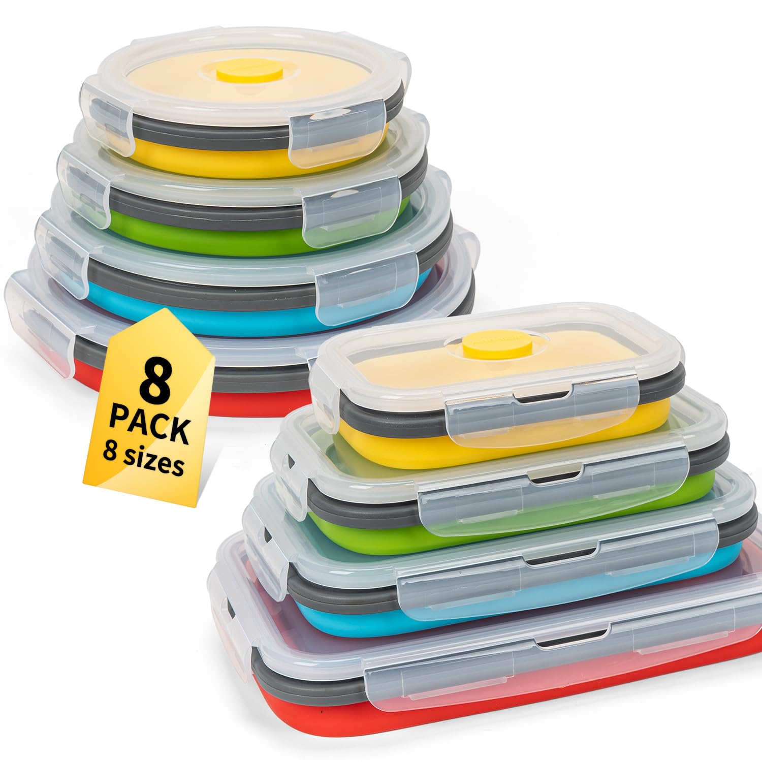 Collapsible Food Storage Containers with Lid & Air Vent, 8 Pack, 4 Rectangular + 4 Round, Annaklin Foldable Silicone Lunch Conta