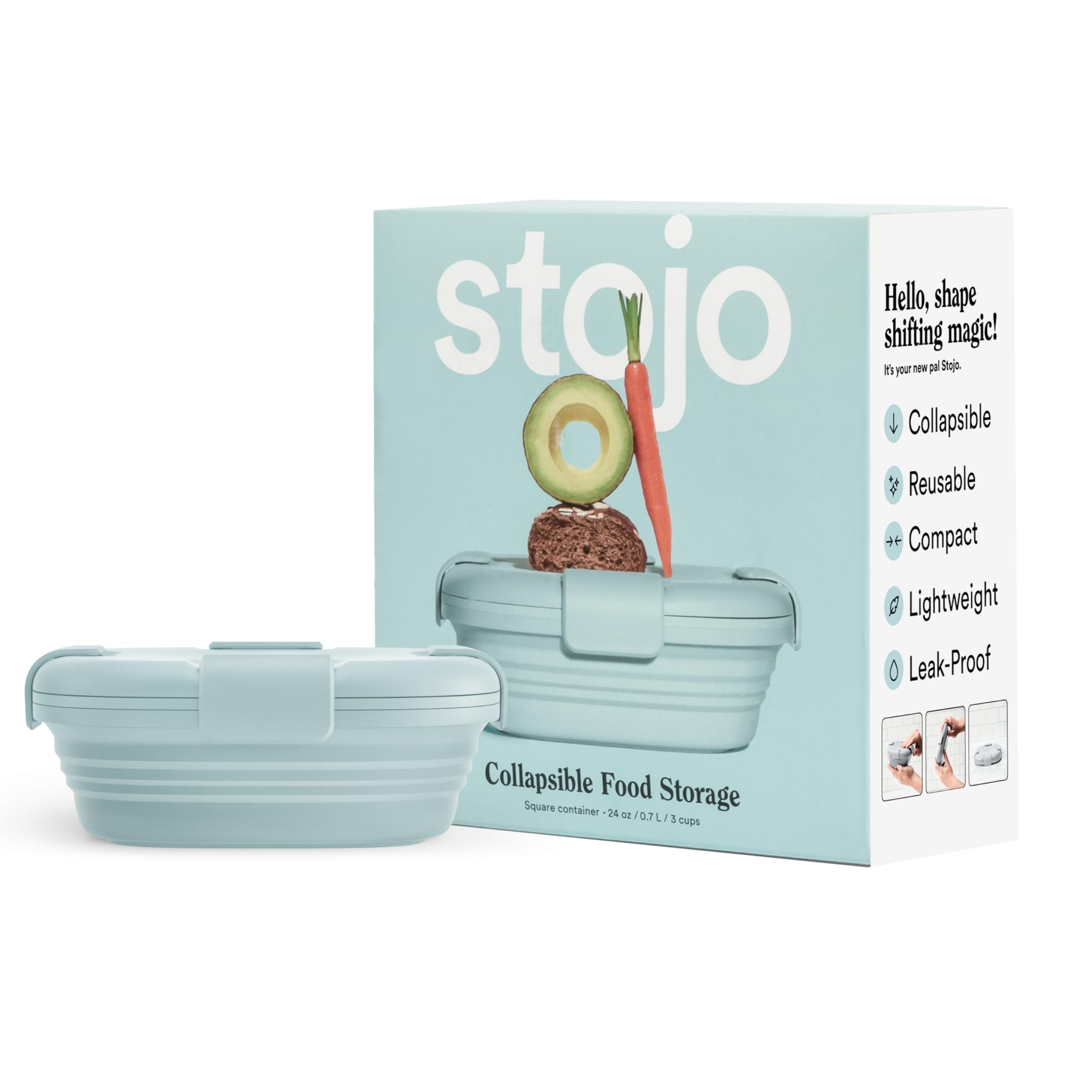 Stojo Collapsible Sandwich Box - Steel Blue, 24Oz - Reusable Food Storage Container - To-Go Travel Silicone Bowl For Hot And Col