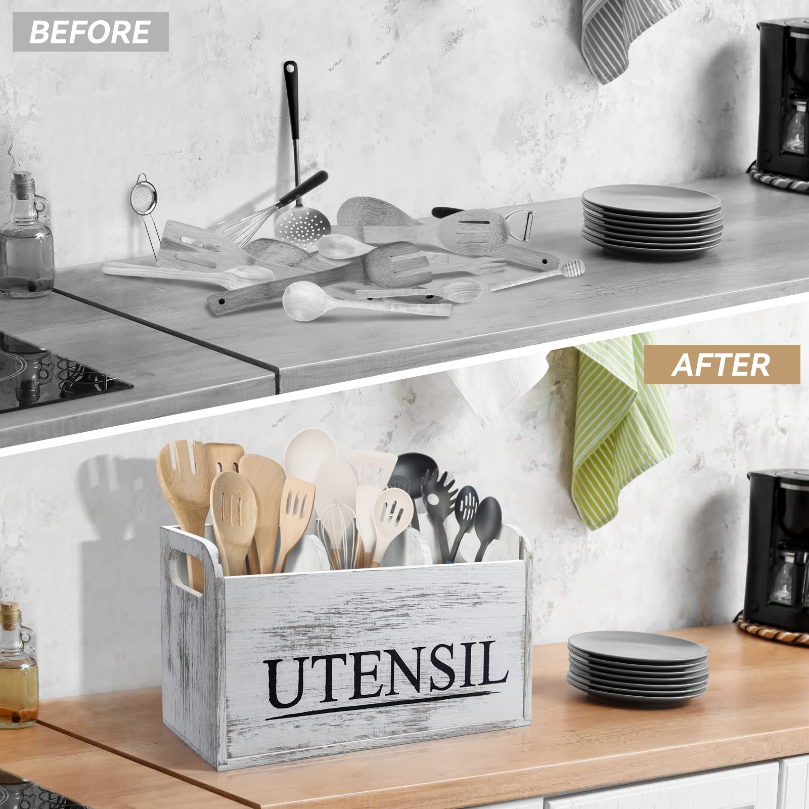 Brekle White Kitchen Utensil Holder Rustic Large Wooden Utensil Organizer Cooking Tools Storage