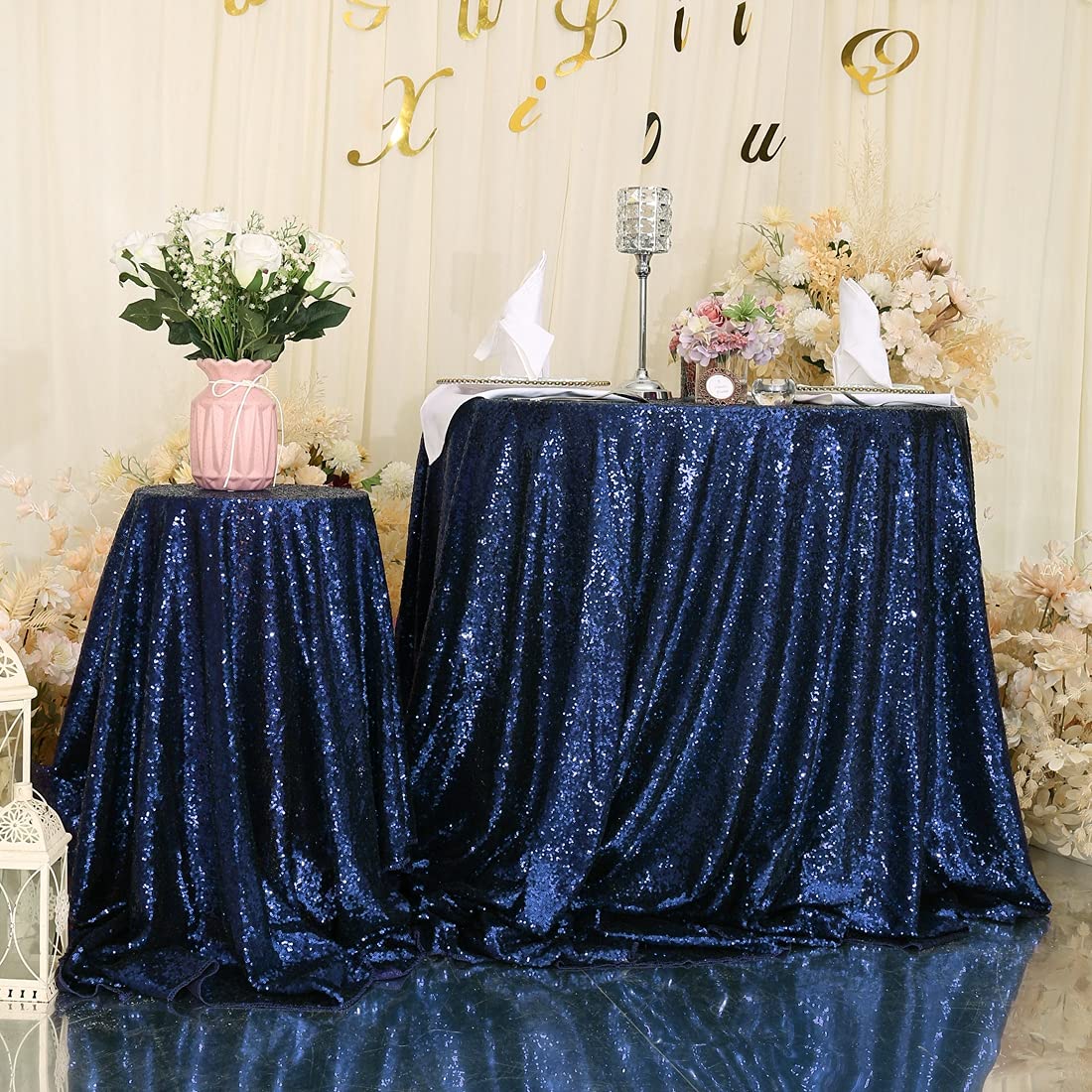 Eternal Beauty Navy Blue 48'' Round Sequin Tablecloth- Sparkly Sequin Overlay For Wedding Party/Dessert Table/Christmas Decorati
