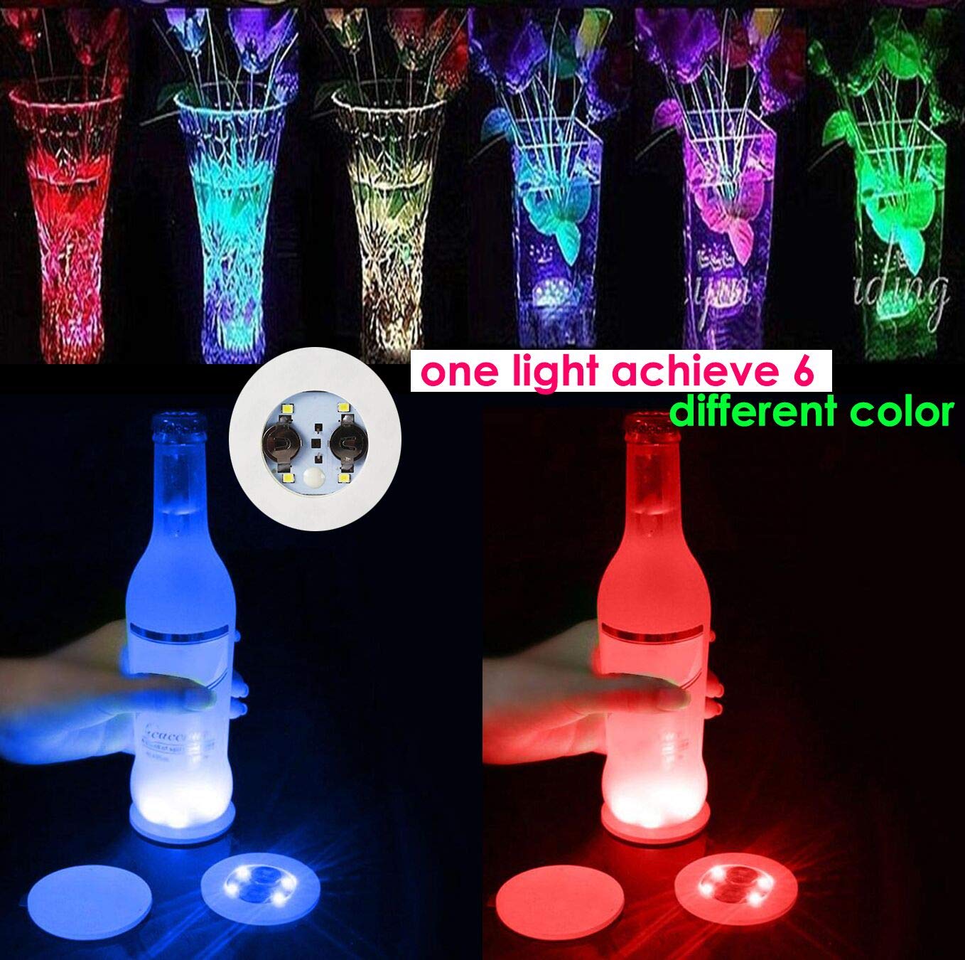 LOGUIDE LED Coaster 12 Pack Light Up Coasters 7Colors RGB LED Bottle Lights Bottle Glorifier  LED Sticker Coaster Discs Light Up for Drinks Flash Light Up Cup Coaster Flashing Shots Light (Multicolor)