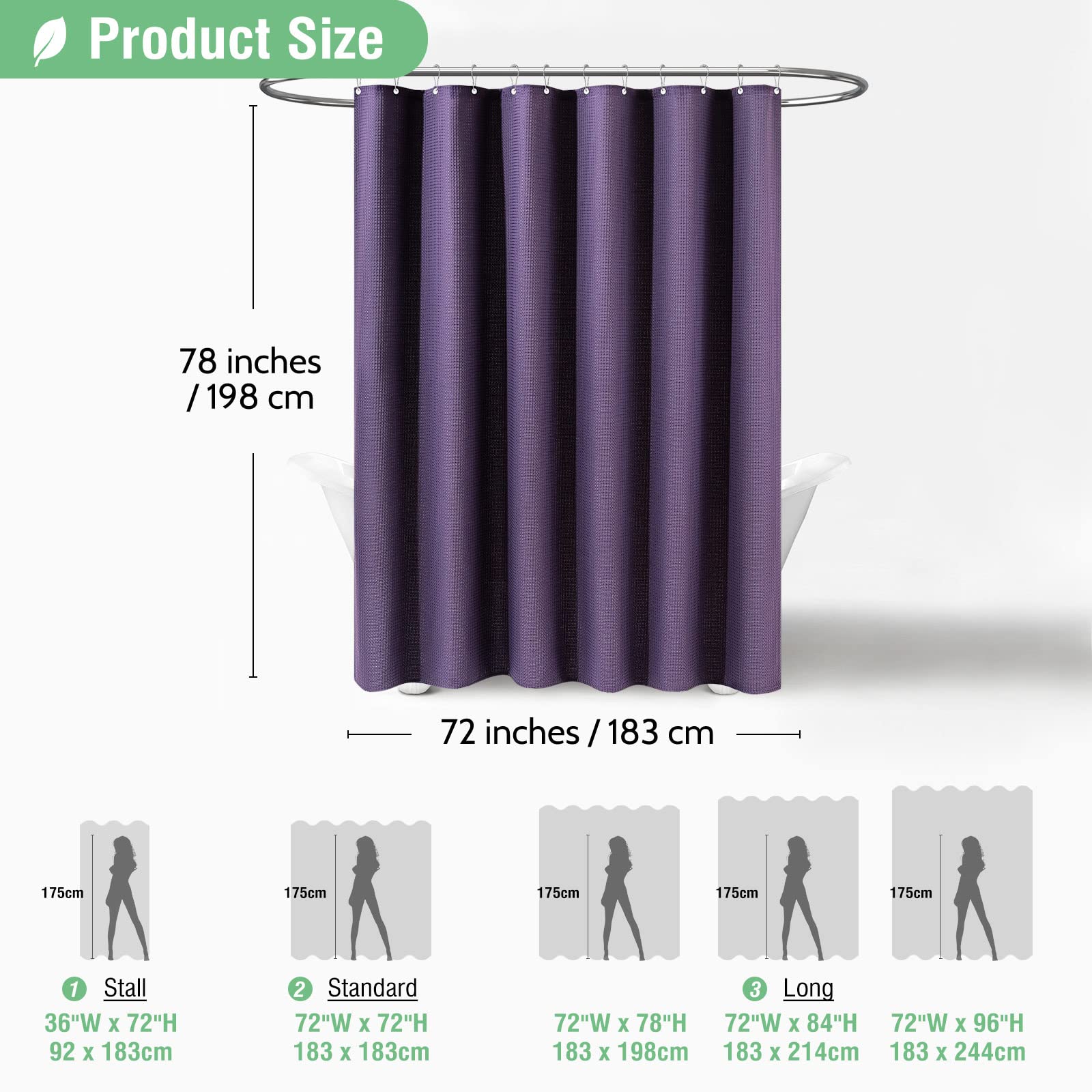 Dynamene Long Fabric Shower Curtain - 78 Inch Long Waffle Weave Heavy Duty Cloth Shower Curtains For Bathroom, Neutral Weighted